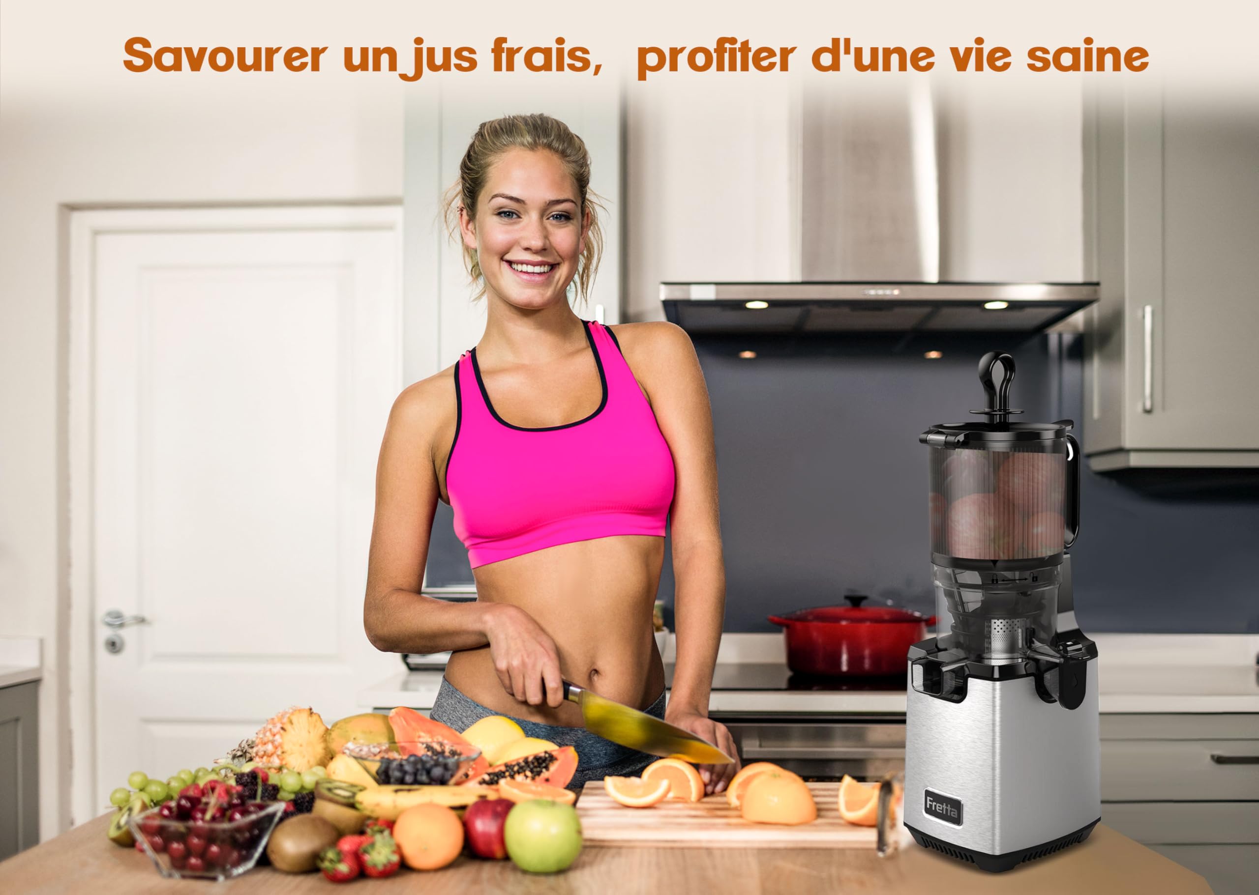 Fretta Extracteur de Jus à Mastication Lente 250W, Grande Goulotte 135mm, Sans BPA, Acier Inoxydable