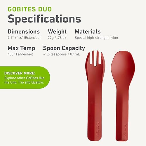 Miniatura 5 de humangear GoBites Duo and Bio Duo - Cubiertos de viaje, tenedor y cuchara portátil de tamaño completo, juego de utensilios reutilizables, sin PC y