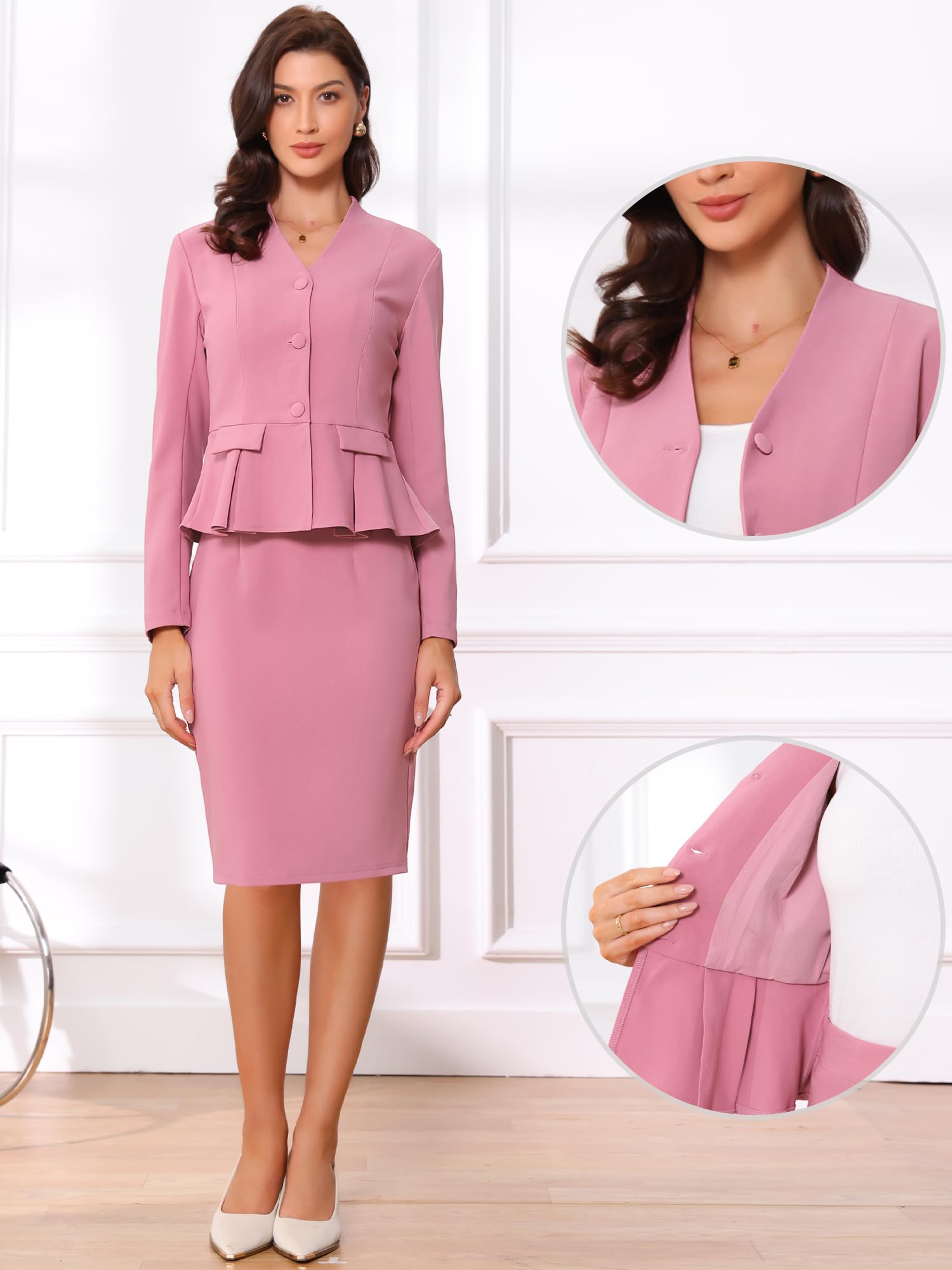Allegra K Ensemble de Costume 2 pièces pour Femme à Manches Longues sans col Peplum Blazer Jupes Crayon