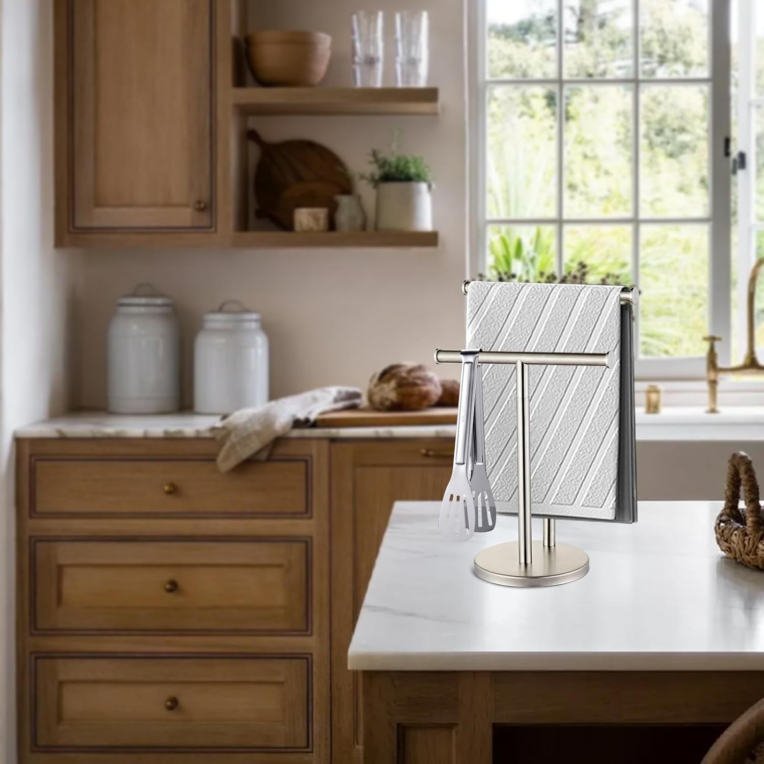 Hand Tower Holder Stand,Floor Standing T-Shaped Double-Layer Towel SUS304 Stainless Steel Bathroom Vanity Countertop,Brushed YIGUANXIN