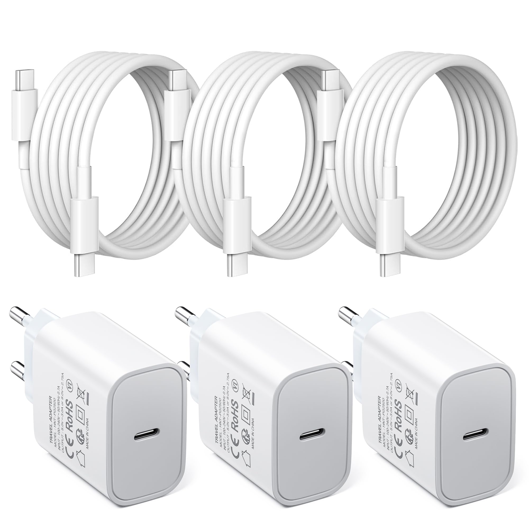 [3 pezzi] Caricatore USB C 25 W, caricabatterie rapido PD3.0 USB C spina tipo C cellulare alimentatore di rete con cavo da 2m, compatibile con iPhone 16/16 Plus/16 Pro Max/15/15 Plus/Galaxy S23