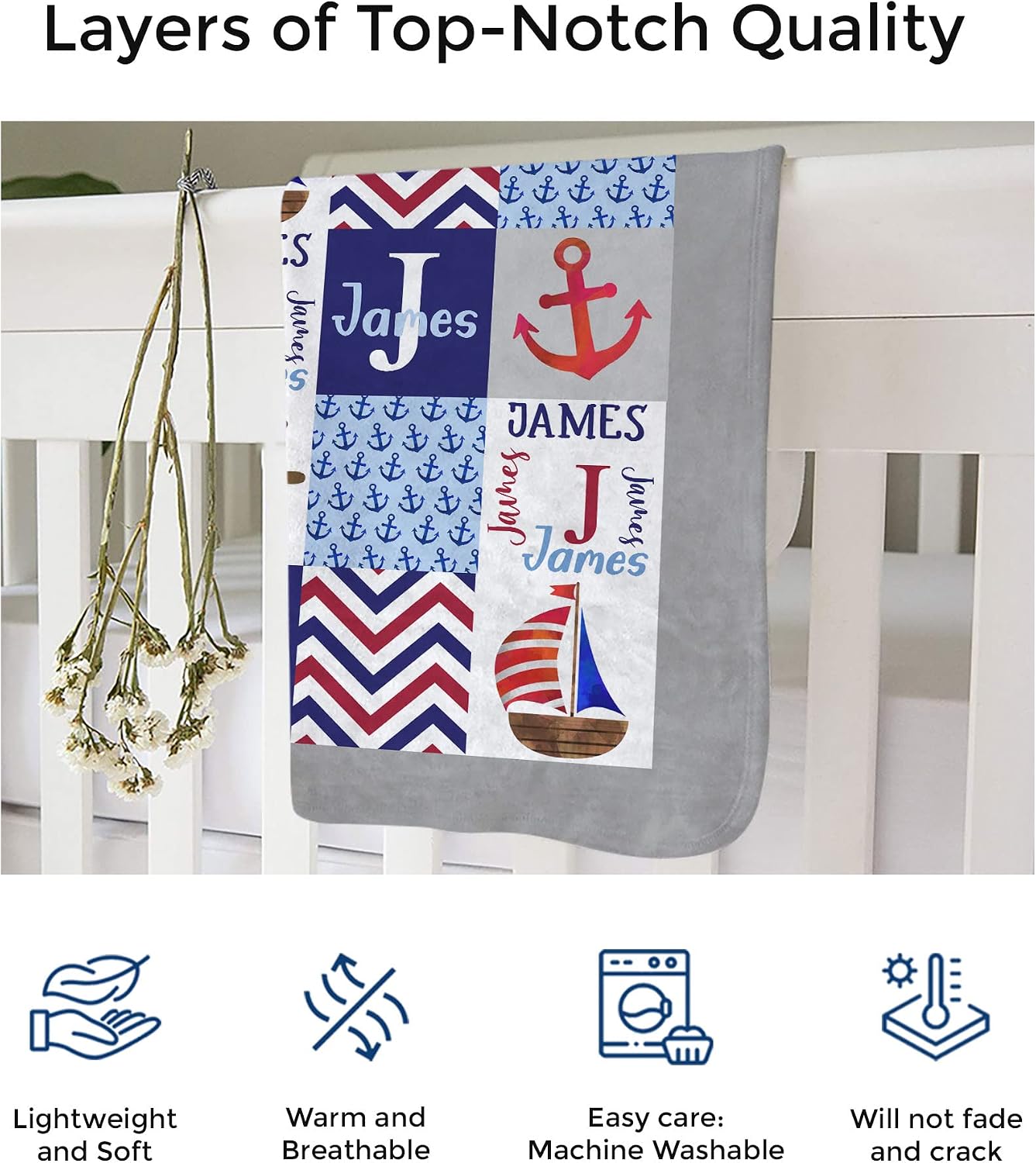 MDPrints Nautical Personalized Baby Blankets for Boys, Custom Baby Blanket, Customized Baby Boy Gifts with Name, Newborn Gift (Nautical HA76)