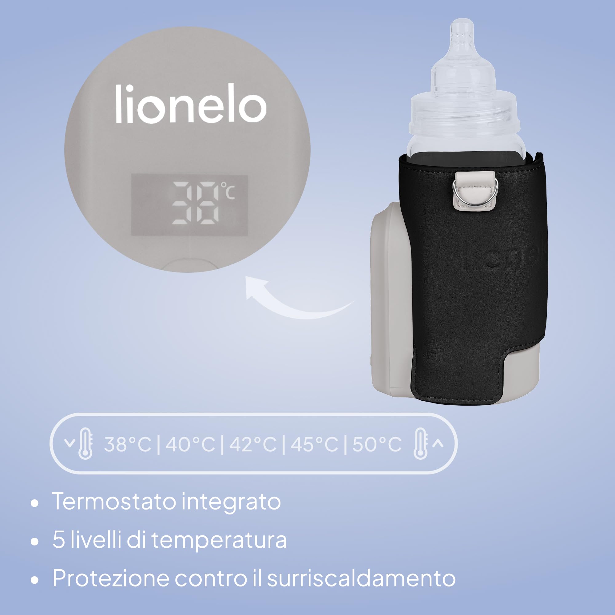 LIONELO Thermup Go Evo Scaldalatte Portatile per Biberon | Mantiene Caldi i Liquidi, 5 Temperature da 38 a 50°C, Ricarica USB-C e Autonomia fino a 9 Ore
