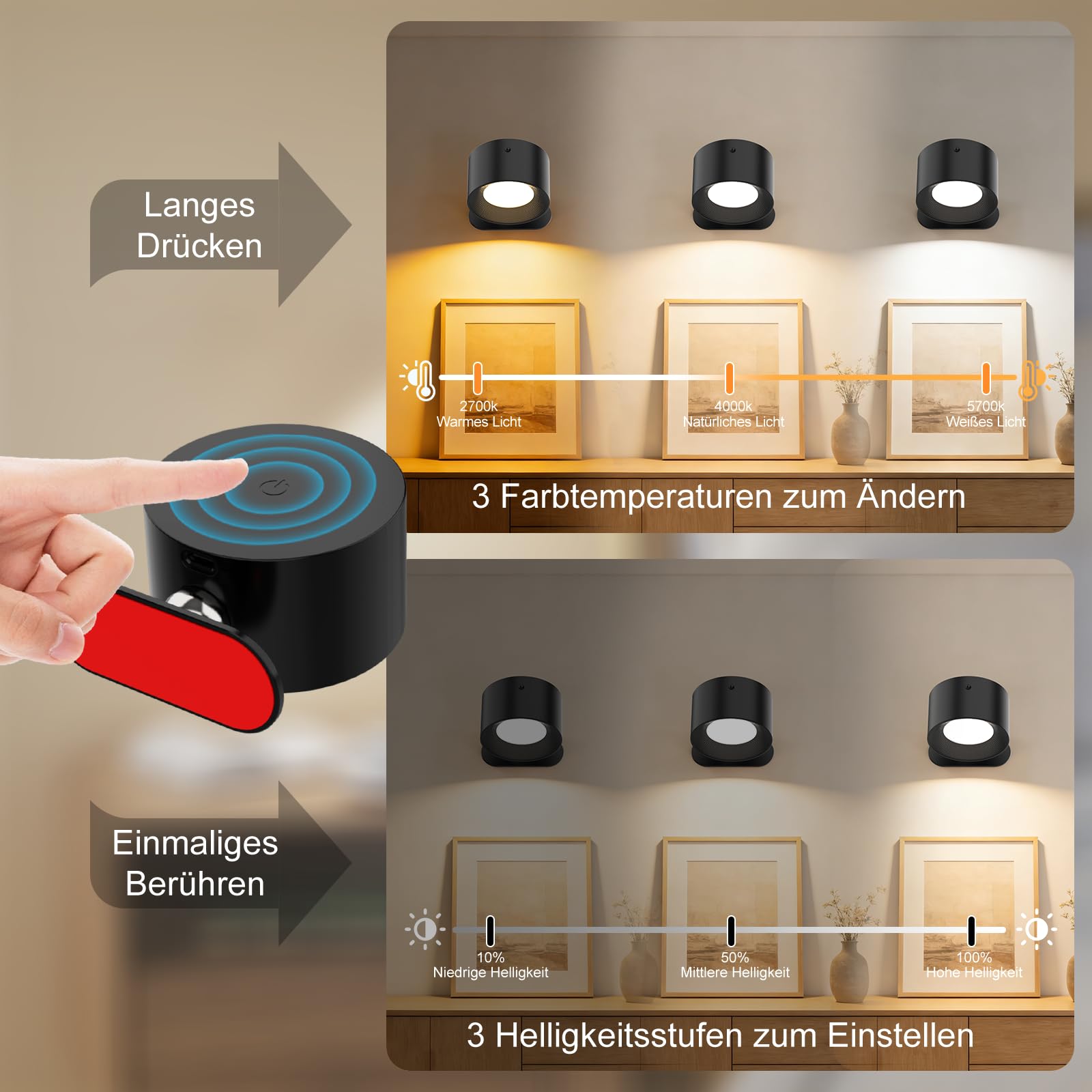 Wandleuchte Innen, Wandlampe mit Fernbedienung Dimmbar mit Akku mit USB-Ladeanschluss, Led Wandleuchte Touch Control 3 Helligkeitsstufen 3 Farbmodi 360° drehbare für Wohnzimmer Schwarz 2 Stück