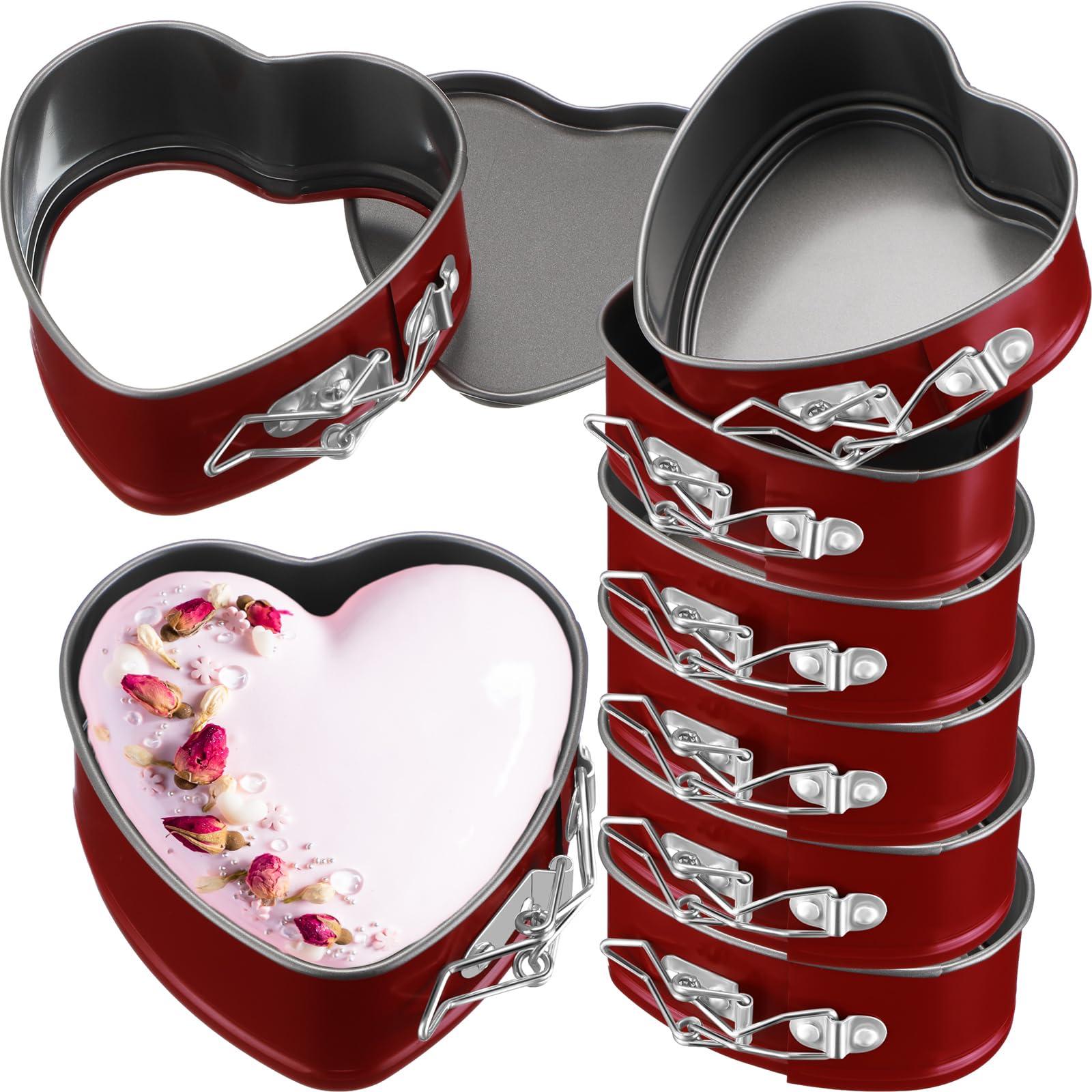 Beeveer 8 Pcs Heart Shaped Springform Pan 4 Inch Non Stick Heart Springform Pan Molds Accessories of Mini Cheesecake Cake Valentine‘s Day Baking, Red