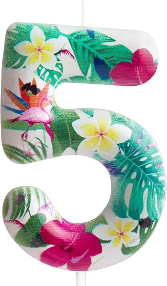 5th Birthday Candle Flamingo Number 5 Candle Flamingo Cake Topper Decorations Birthday Party Supplies White Tropical Hawaiian Flowers Themed for Baby Shower Kids Boy Girl Party Decor Supplies
