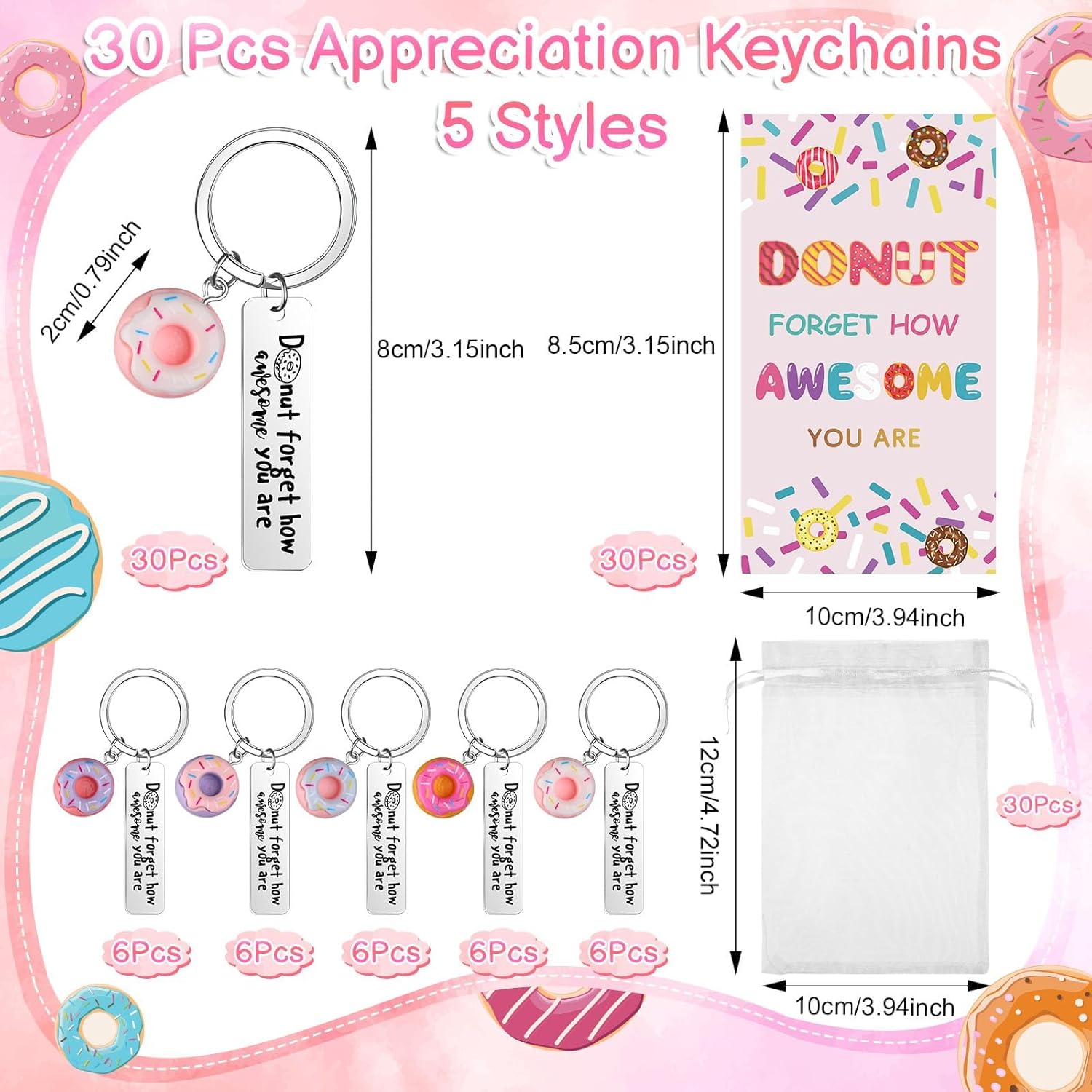 30 Set Donut Keychains Positive Gifts Emotional Support Cards Thank You Staff Gift Inspirational Keychain Employee Appreciation Gifts for Coworkers Volunteer Nurse Teacher Team Donut Party Favors - Image 2
