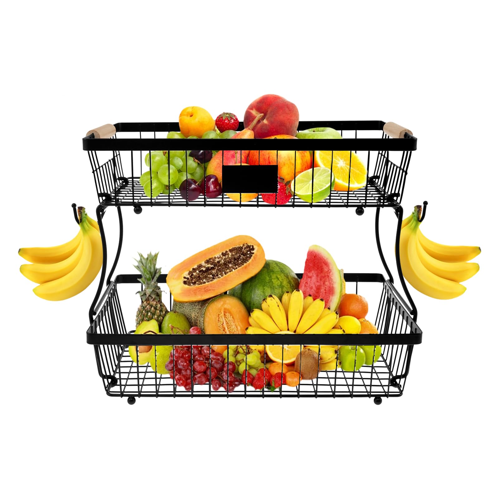 Butory Black 2 Tiers Fruit Basket With 2 Banana Hangers And Wood Handles Detachable Fruit Bowl Holder Multifunctional Fruit Racks Kitchen Countertop Rack For Fruit Snacks And Veg Storage