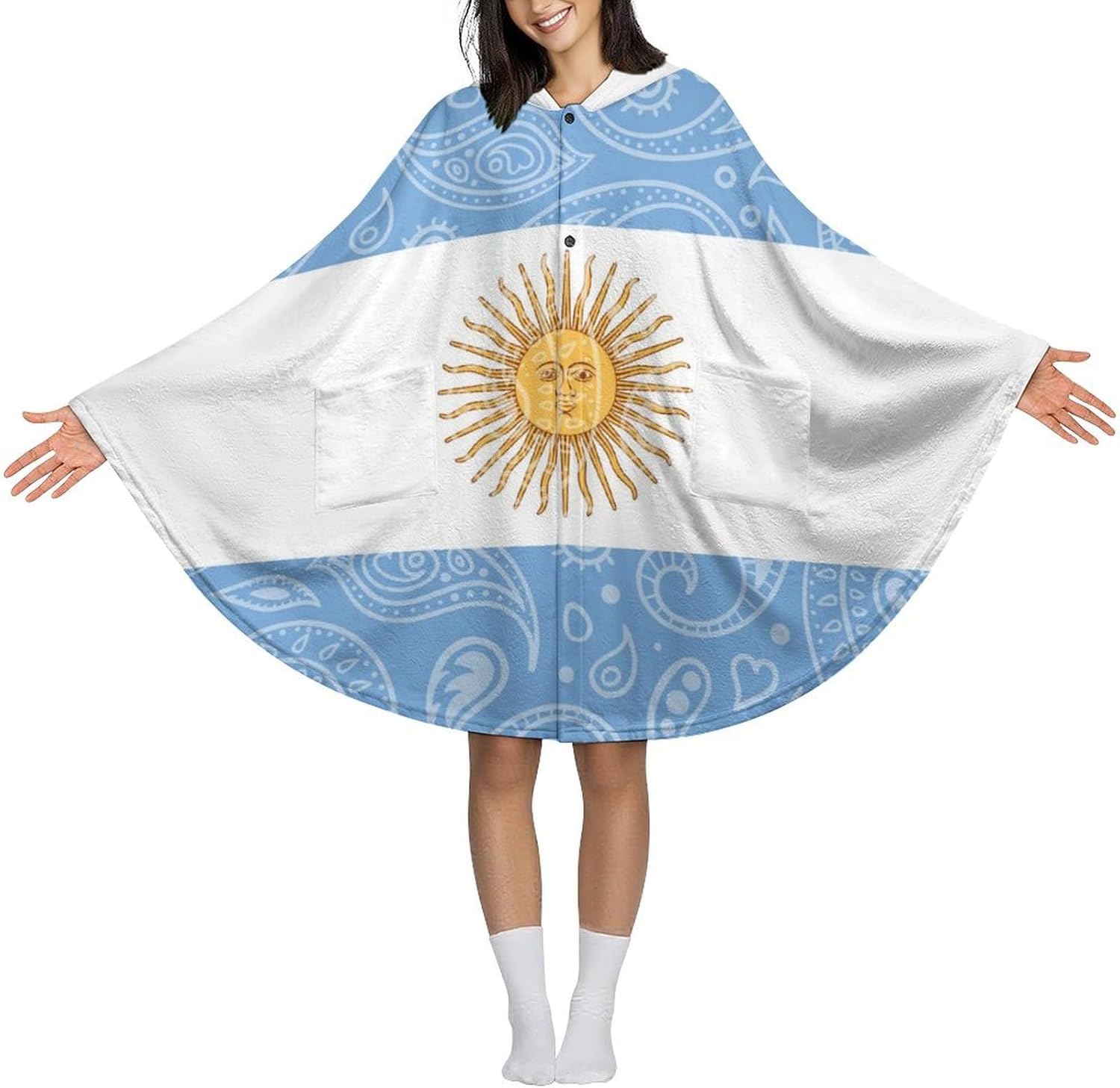 Paisley Argentina Flag Wearable Blanket with Hooded Flannel Blankets Cape with Pocket