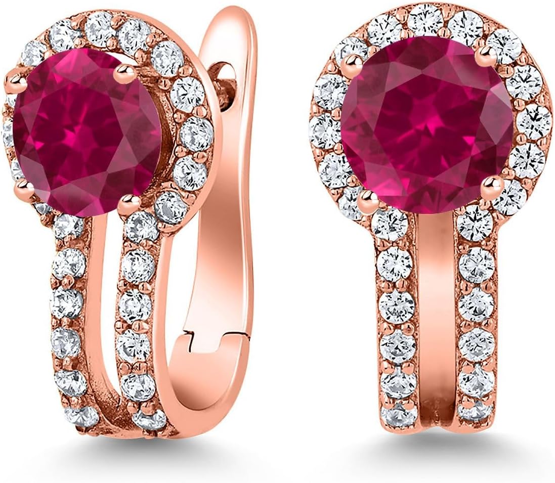 Gem Stone King 18K Rose Gold Plated Silver Gemstone Birthstone and and White Created Sapphire Earrings | 5MM Round French Clip Clasp Hook Earring For Women