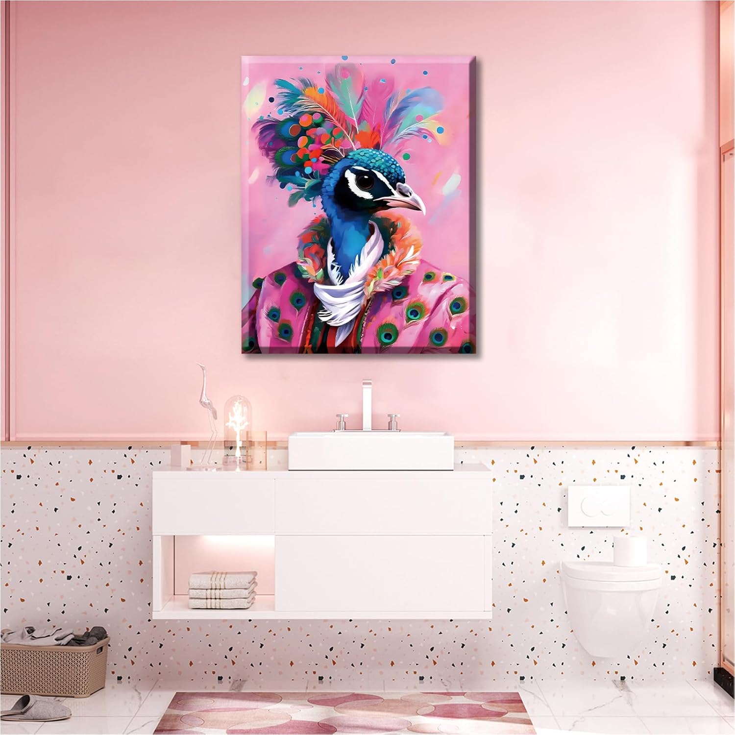 Pink Peacock Bedroom Canvas Wall Art,Funny Fashion Picture Animal Canvas Print,Watercolor Quirky Animal in Fur Fashion Picture Artwork Home Decor for Living Room Bedroom Bathroom,Framed 12x16in