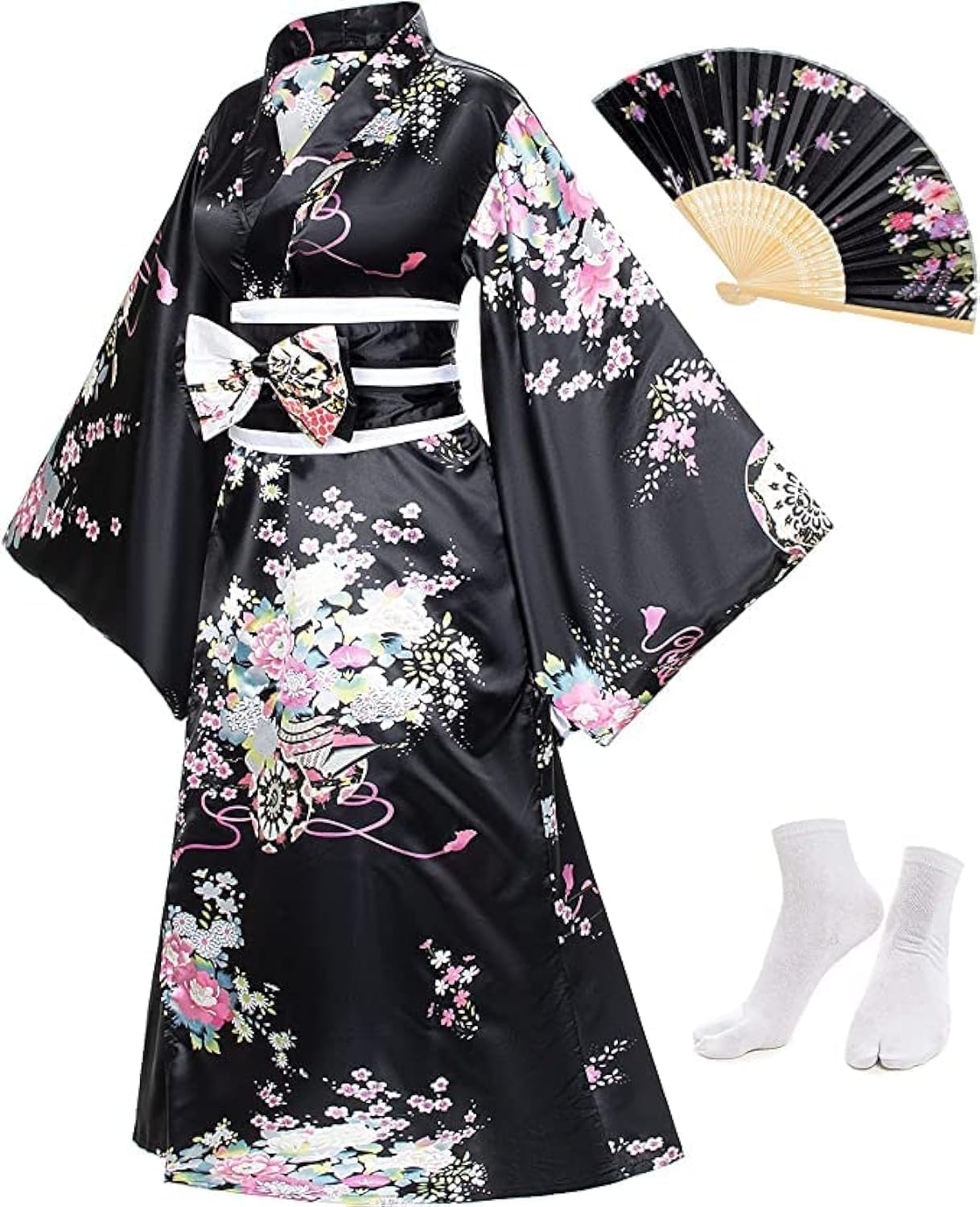 THE WHITE SHOP Japanese Kimono Robe Yukata Anime Women's Kimono Robe Yukata Sweet Dress Blossom Satin Bathrobe Sleepwear Fans Tabi Socks Set(One size: Bust within 98 cm)