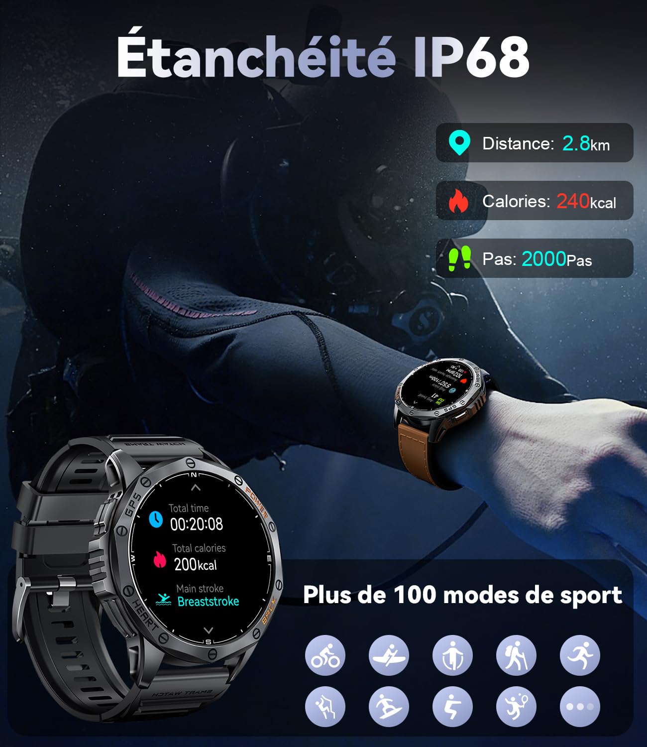 DREMAC Montre Connectée Homme 48mm,GPS Intégré,Lampe de Poche,Montre de Fitness avec 70+ Modes Sportifs,24/7 Surveillance de la Santé,30 Jours Batterie,IP68 Étanche pour iOS Android
