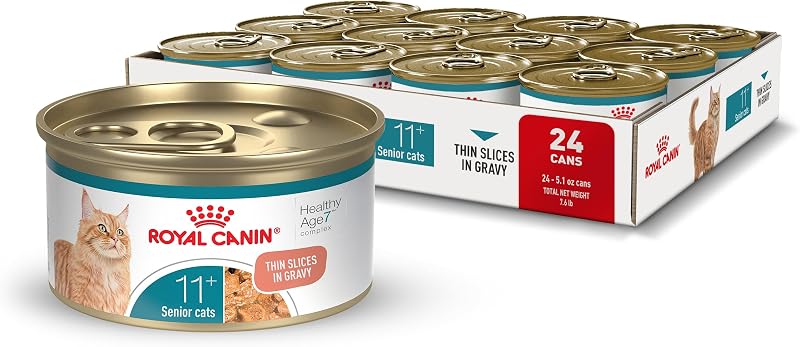 Ração úmida ROYAL CANIN Aging 11+ para gatos idosos, fatias finas ao molho, 85 g, pacote com 24 latas