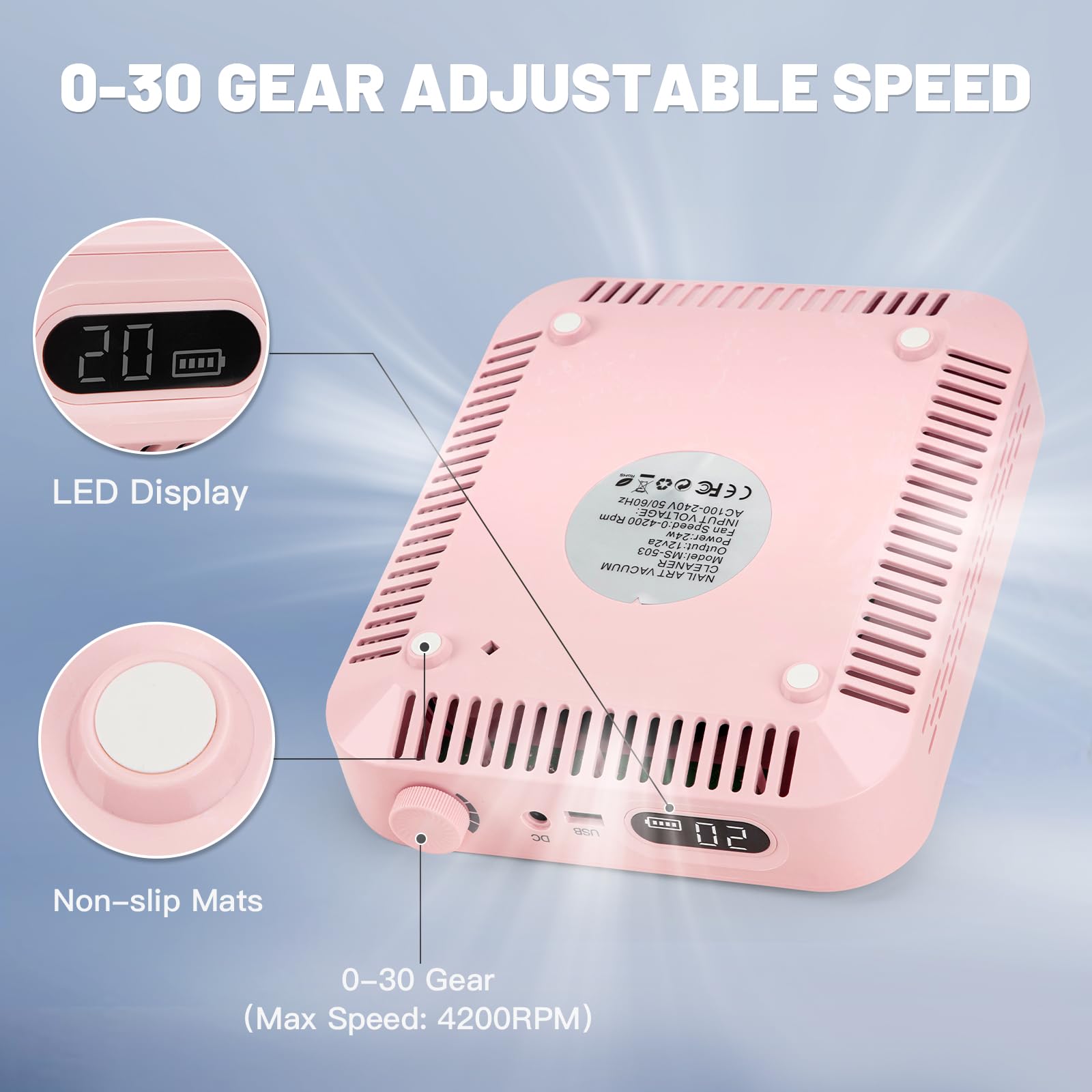 Madenia Kabellose Akku Staubabsaugung für Nägel, 56W Professionell Wiederaufladbare Leistungsstark Nagelstaubsauger mit 2 Filters und 1 Bürste, Leiser Nagel Staubsauger für Nagelstudio & Zuhause, Rosa