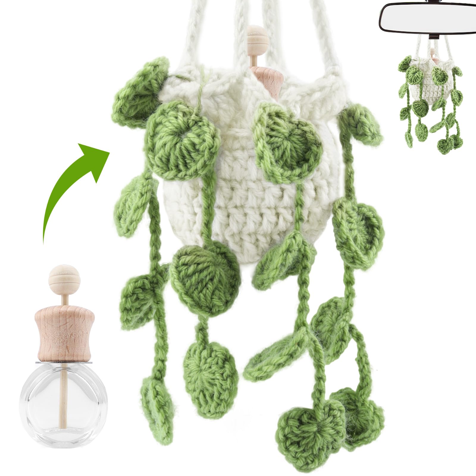 Photo 1 of Crochet Car Air Freshener, Cute Crochet Plant for Rear View Mirror, Handmade Car Mirror Hanging Accessories, Plant Botanical Fern Leaf Design with 10ml Refillable Glass Essential Oil Bottle for Home