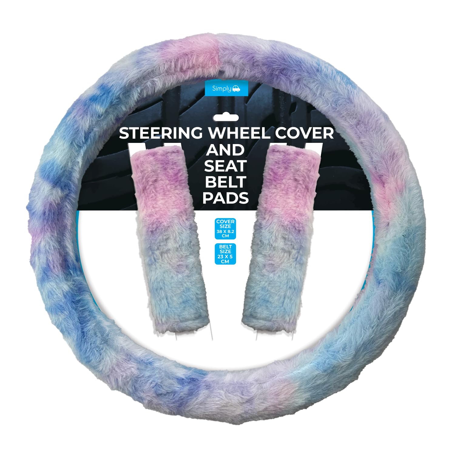 Simply Auto Fluffy Multicolour Steering Wheel Cover with Seat Belt Pads Set