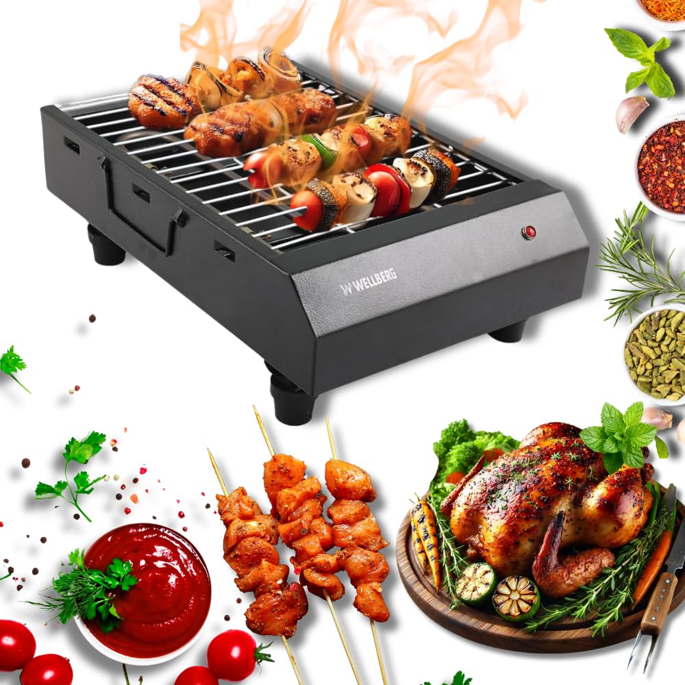 Wellberg Electric Barbecue Grill, 2000W, Dual-Use for Electric & Charcoal, Stainless Steel Heating Element, Detachable for Cleaning, 4 Skewers, Adjustable Grill Rack, Smokeless Indoor & Outdoor BBQ.-image-9