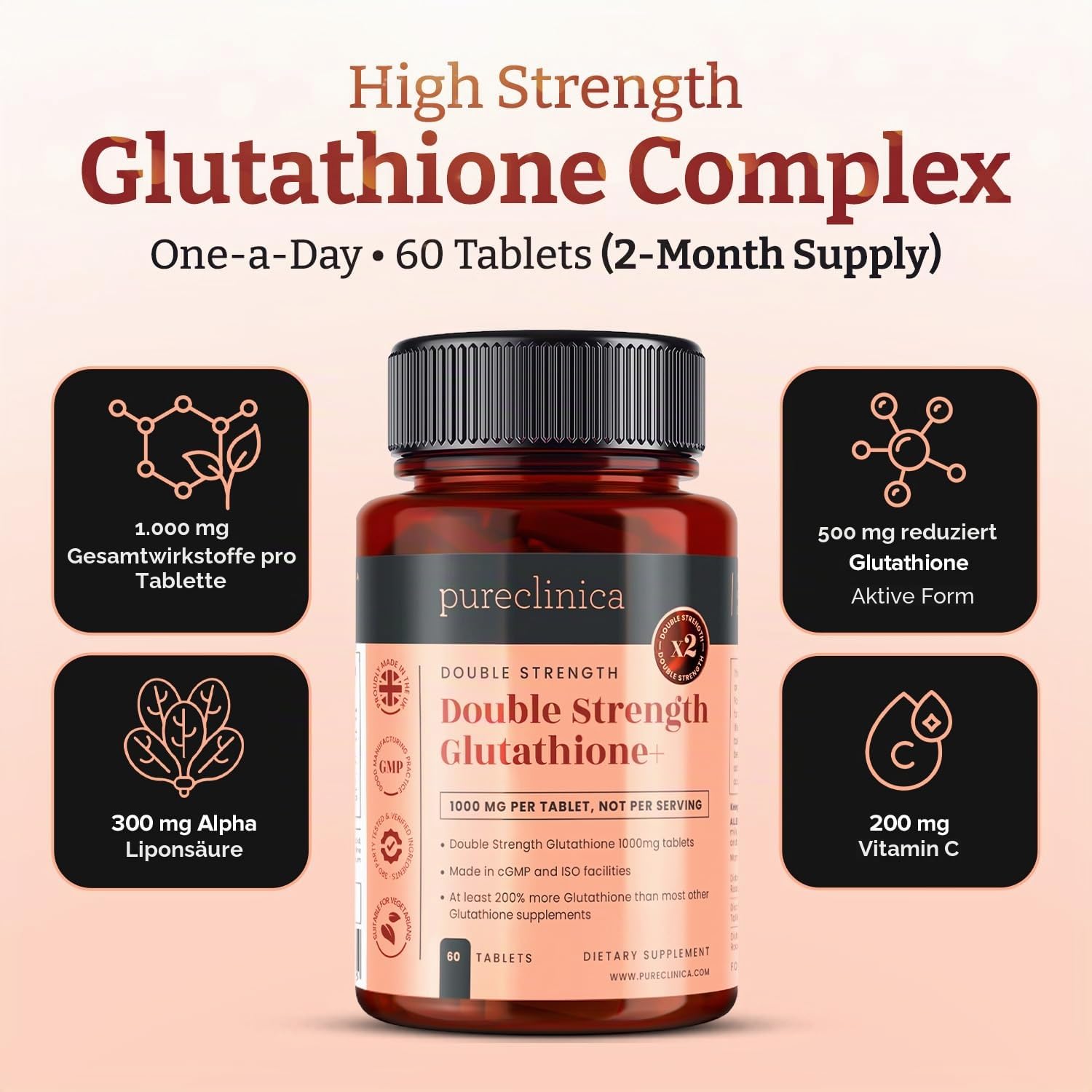 Doppelt Starkes Glutathion 1000mg x 120 Tabletten (2 Flaschen mit 60). Mit 500mg Glutathion, 300mg ALS, und 200mg Vitamin C pro Tablette