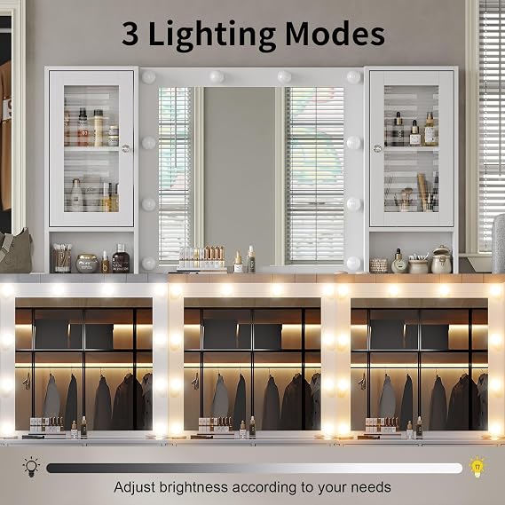 FUSOU Dressing Table with Mirror and LED Bulb Lights, Vanity Desk with 12 Drawers, 2 Cabinet, Fold-up Panel, Makeup Desk with chair for Bedroom, Transparent Glass Top, White
