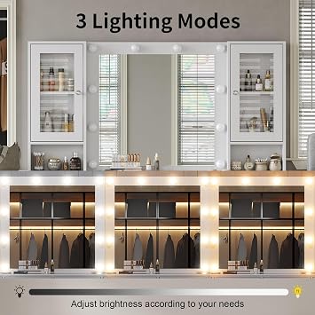 FUSOU Dressing Table with Mirror and LED Bulb Lights, Vanity Desk with 12 Drawers, 2 Cabinet, Fold-up Panel, Makeup Desk with chair for Bedroom, Transparent Glass Top, White