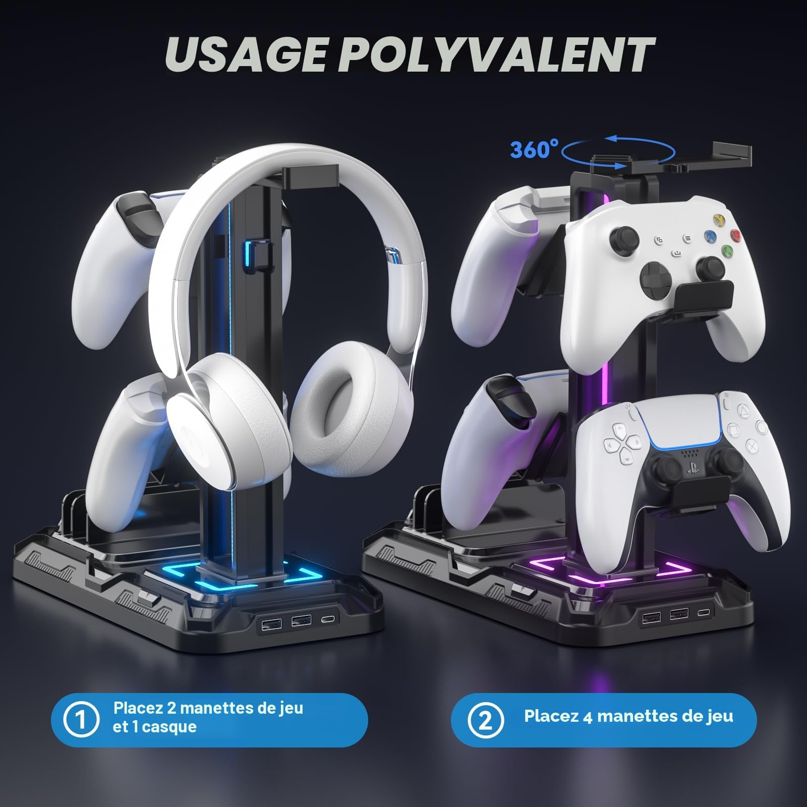 KDD Support Casque Bureau avec Support Téléphone - Support Manette Détachable avec 9 Modes d'éclairage, Repose Casque Gaming avec Ports de Charge USB, Porte Casque Rotatif pour PC Gaming Accessoire