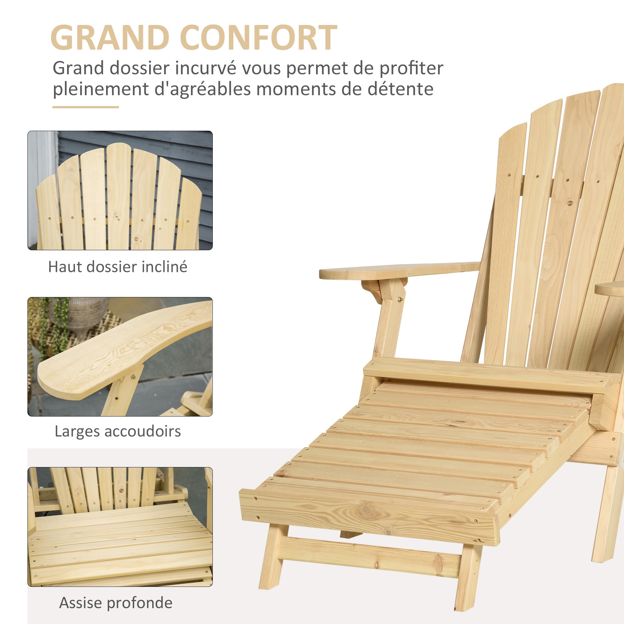 Outsunny Fauteuil de Jardin Adirondack avec Pouf en pin intégré Chaise de Patio Pliante