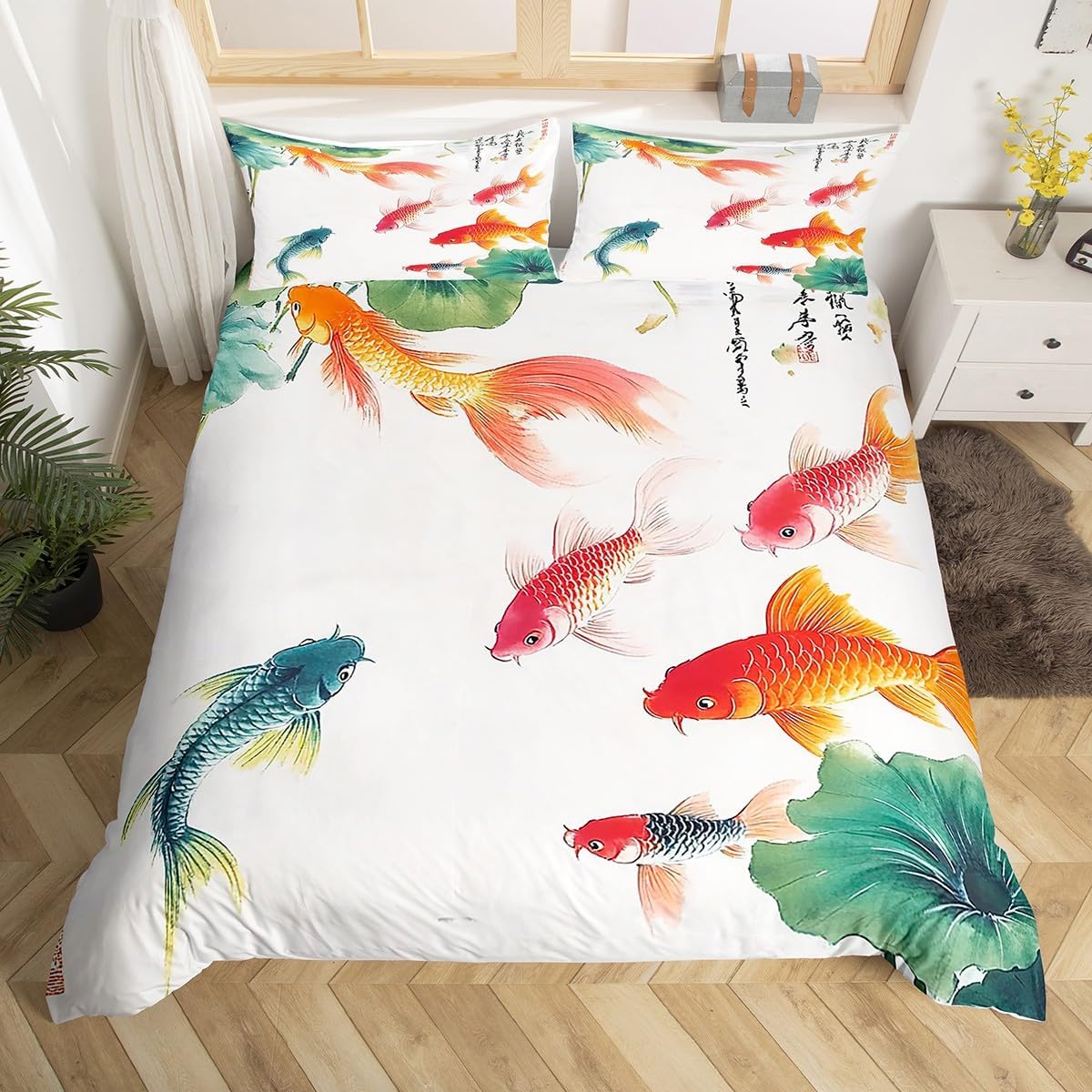 Feelyou Goldfish Duvet Cover Full Size Kids Lotus Leaf Pond Comforter Cover Set for Boys Girls Teens Chinese Style Bedding Set Chinese Oriental Traditional Culture Bedspread Cover Quilt Cover