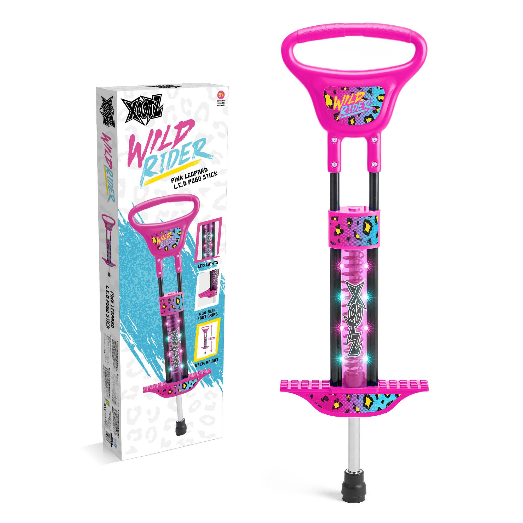 Xootz Wild Rider LED Pogo Stick for Kids, Light Up Bounce Toy, Girls & Boys Aged 5+, Pink Leopard Design