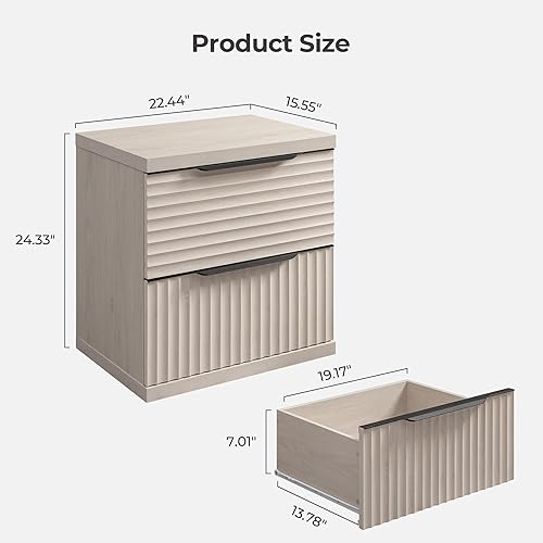Miniatura 3 de SICOTAS Juego de 2 mesitas de noche acanaladas, moderna mesita de noche con 2 cajones grandes, mesita de noche de 22 pulgadas de ancho para Aliso
