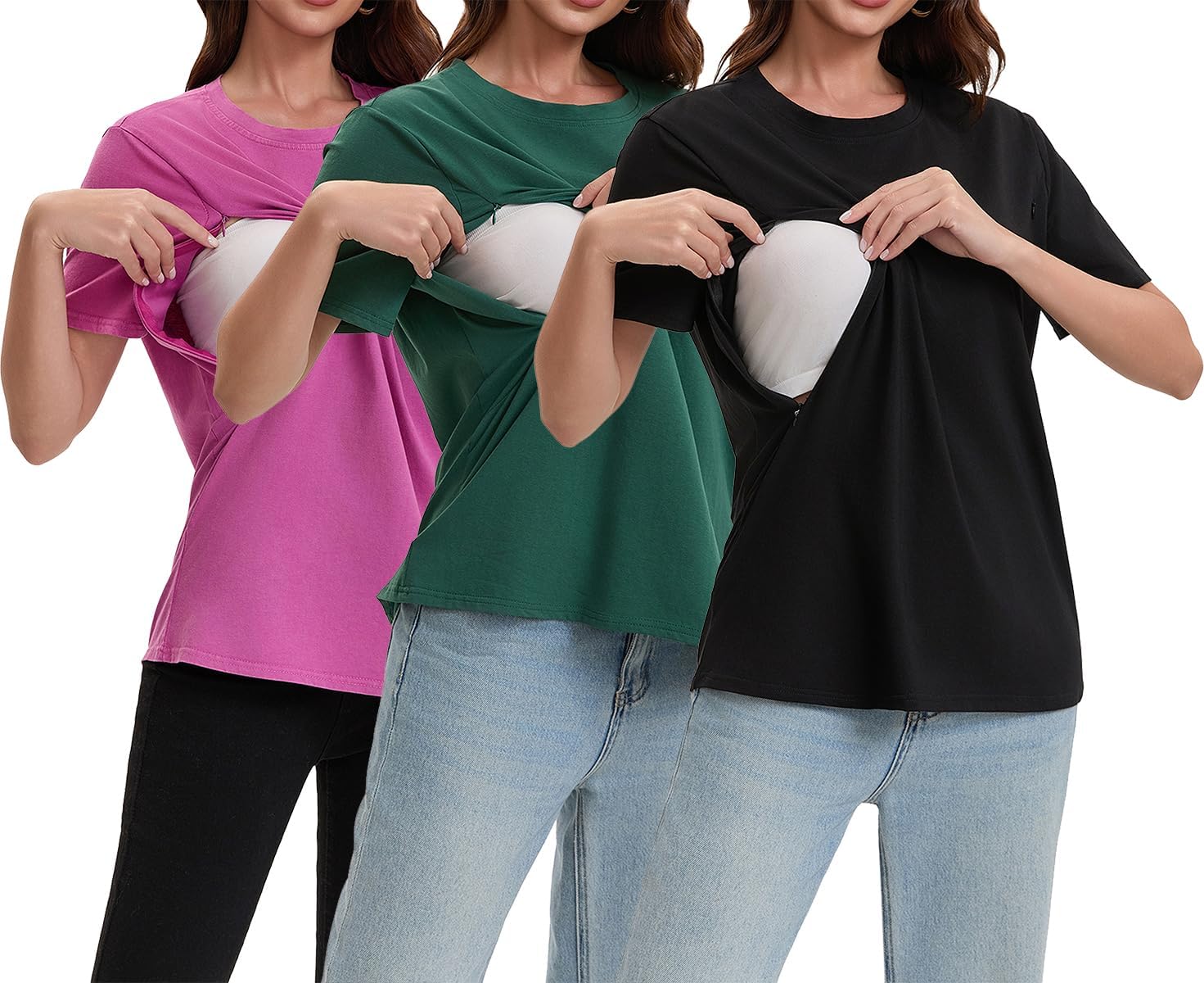 Women Maternity Tops 3 Packs Comfort Breastfeeding Nursing Friendly Zip Tshirt Pregnancy Clothes