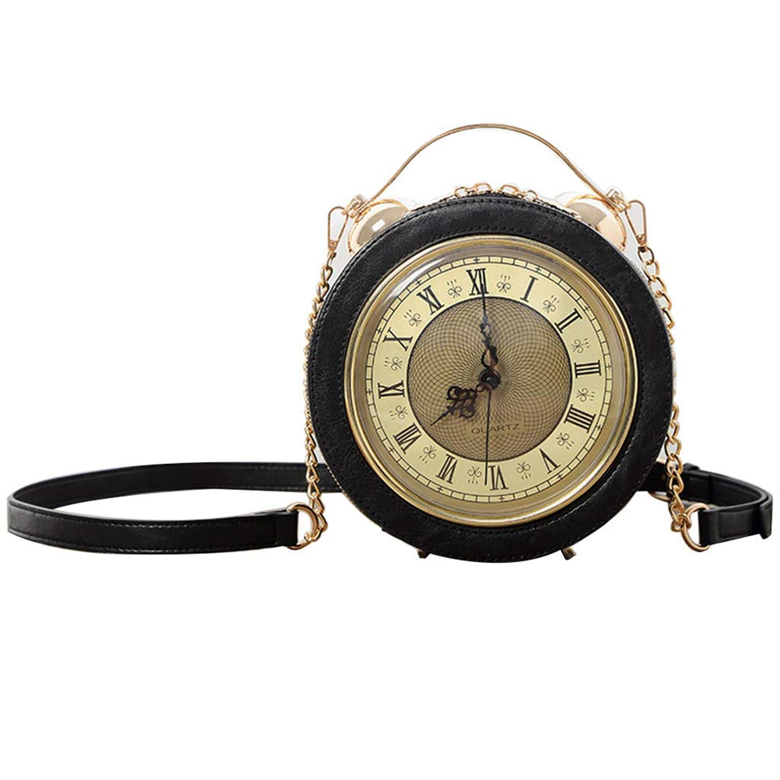 Clock Bag Echt Arbeiten, Vintage-Umhängetasche Messenger Bag, Steampunk-Stil-Form Ledertasche Kreishandtaschen-Ketten-Schulter Weibliche Tasche (Black)