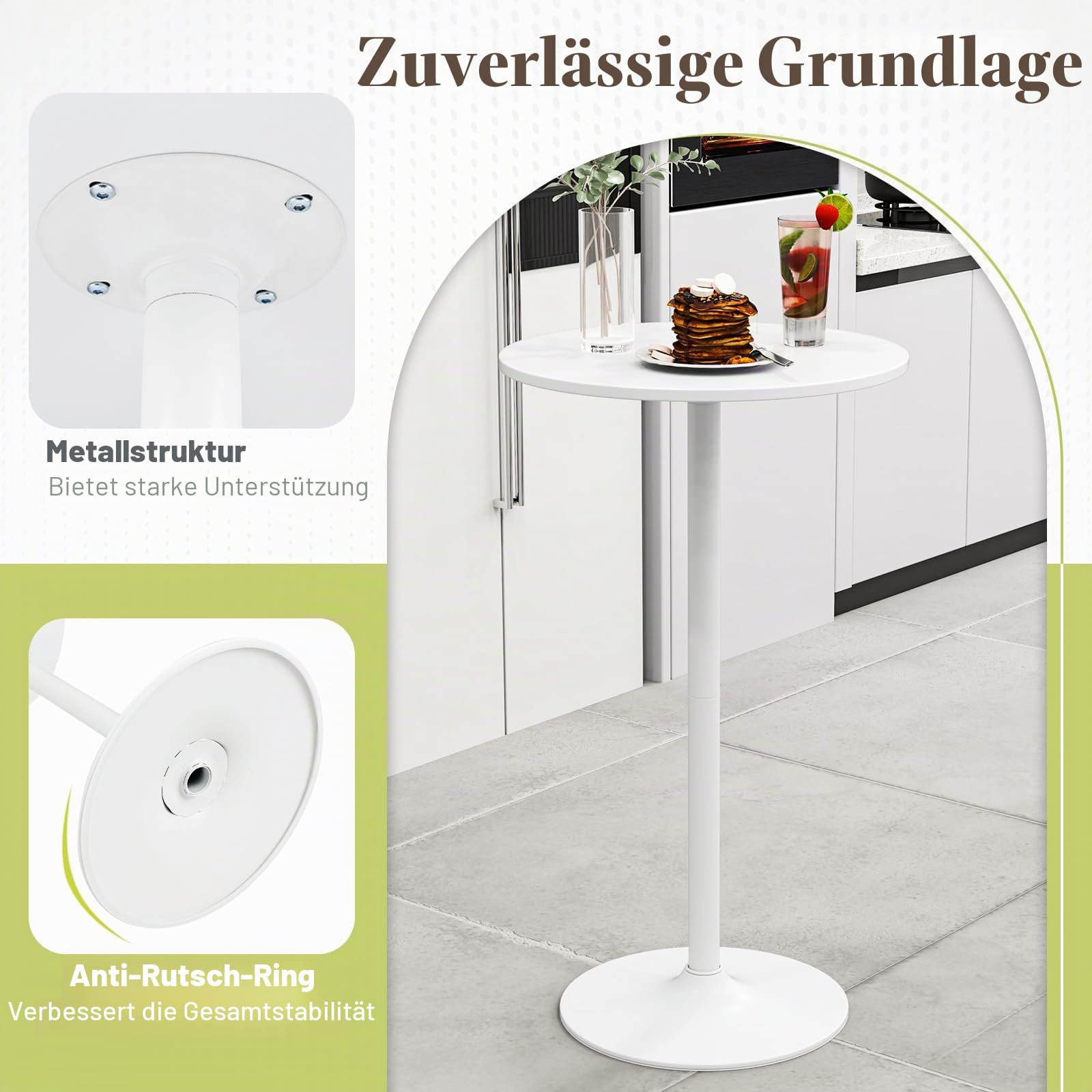 LIFEZEAL Runder Bartisch, 56-101,5 cm Höhenverstellbarer Cocktailtisch, Stehtisch Bistrotisch mit Stahlrahmen, Modern Empfangstisch Partytisch für Küche, Wohnung, Pub, Club (1, Weiß)