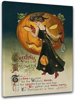 Halloween Canvas Wall Art – Vintage Witch Dancing with Pumpkin and Goblins – Retro Framed Decor for Spooky Season (12x16 Inch)