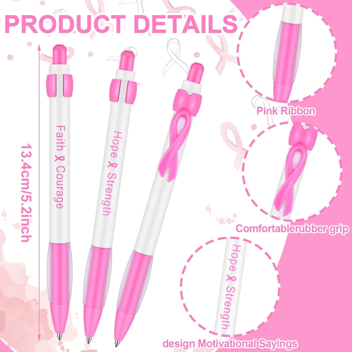Teling 100 Pcs Breast Cancer Awareness Pens Pink Ribbon Retractable Gel Ballpoint Black Ink Pens Bulk Breast Cancer Awareness Party Favors Office Supplies Item for Women Nurse Inspiration Gifts