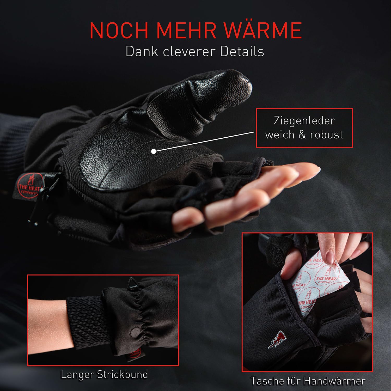 THE HEAT COMPANY - Heat 2 Softshell - Fingerloser Handschuh und Fäustling in einem - Premium Qualität - warme Winterhandschuhe & Fahrradhandschuhe - gegen Kälte bei Sport, Arbeit & Outdoor
