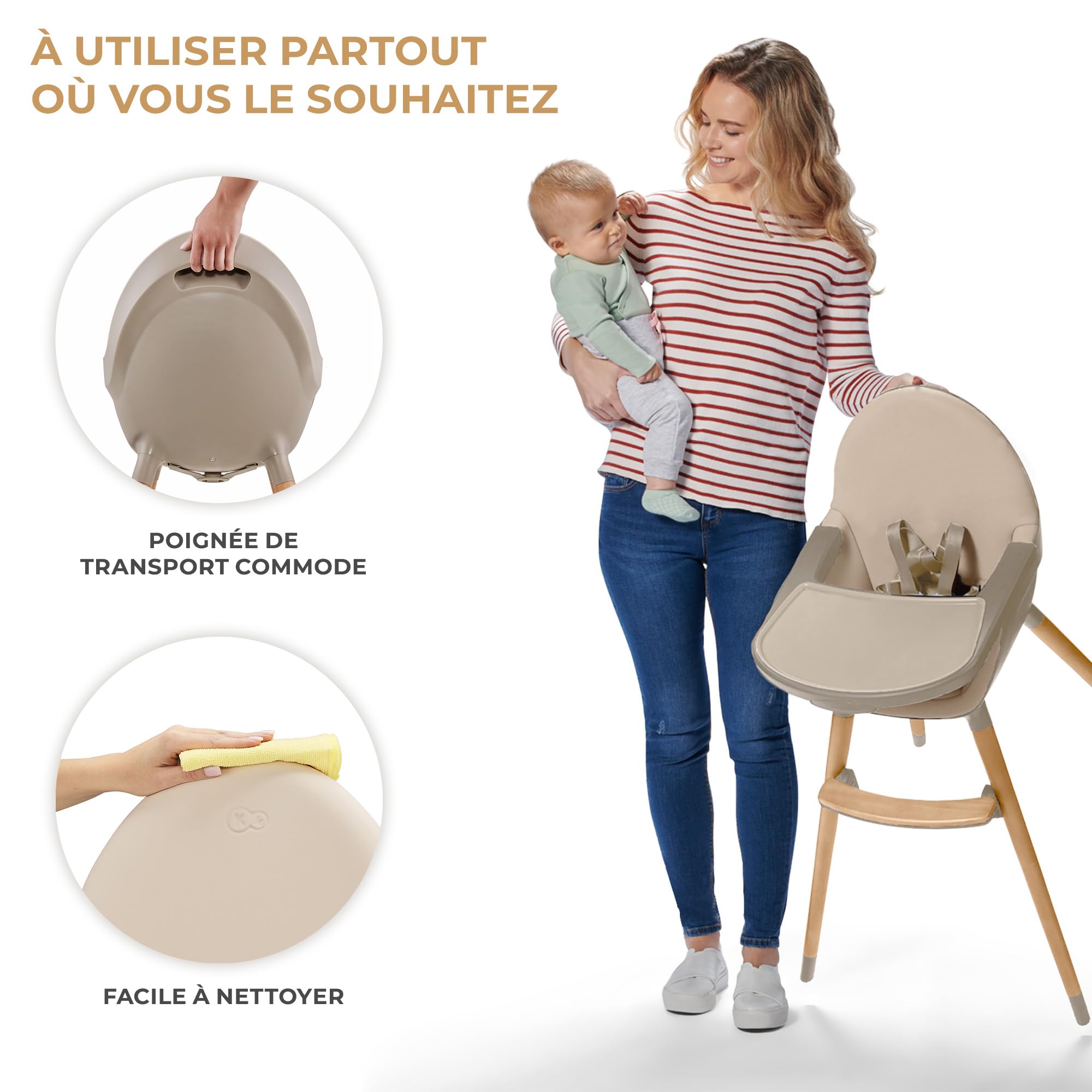 Kinderkraft FINI 2 Chaise Haute Bébé 2 en 1 Évolutive Réglable Avec Plateau 20kg Beige