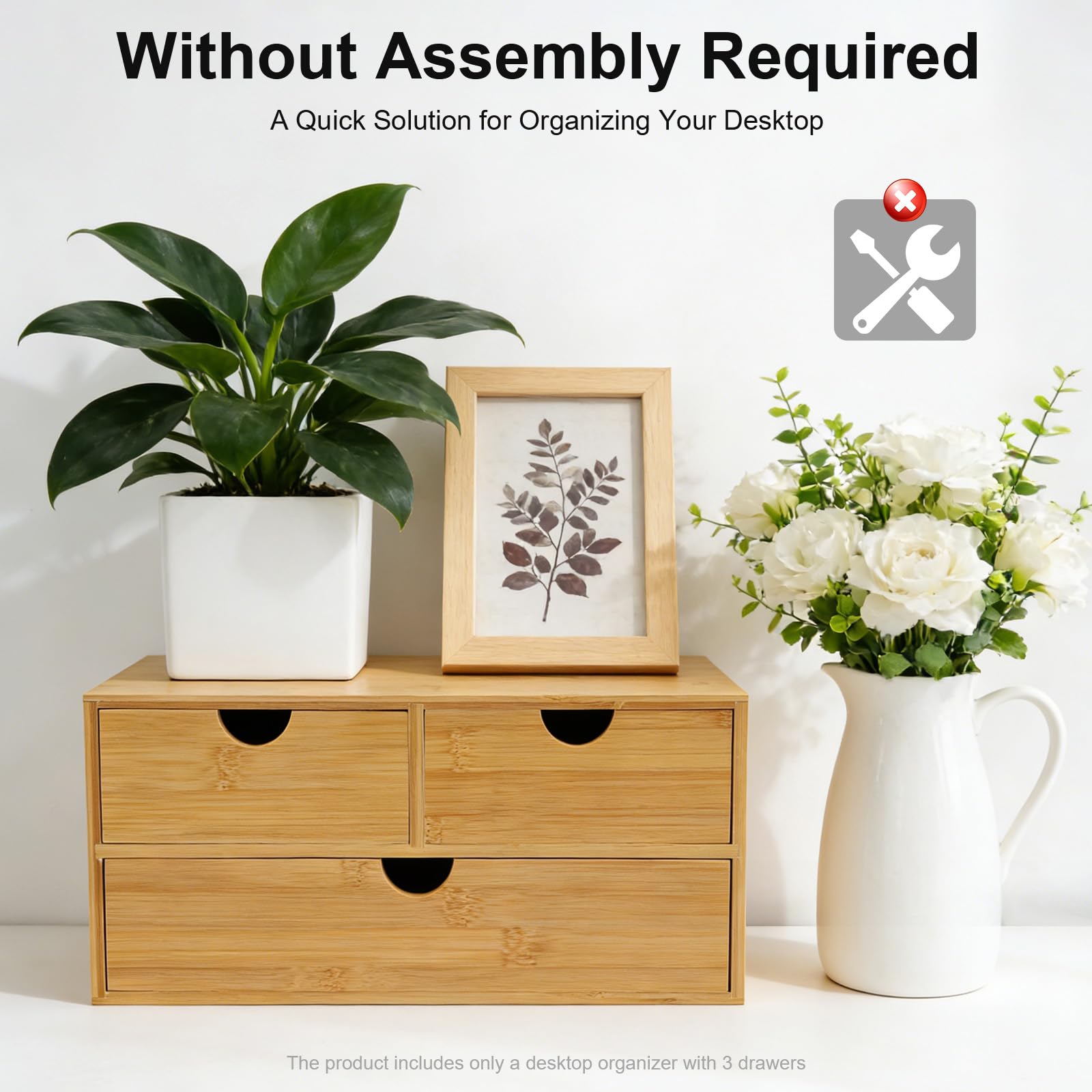3 cassetti Organizzatore da scrivania in bambù, documenti forniture | bambù naturale, 3 cassetti (2 alti + 1 inferiore), scomparti A4, 33 x 19 x 16 cm, pronto all'uso, per ufficio e casa
