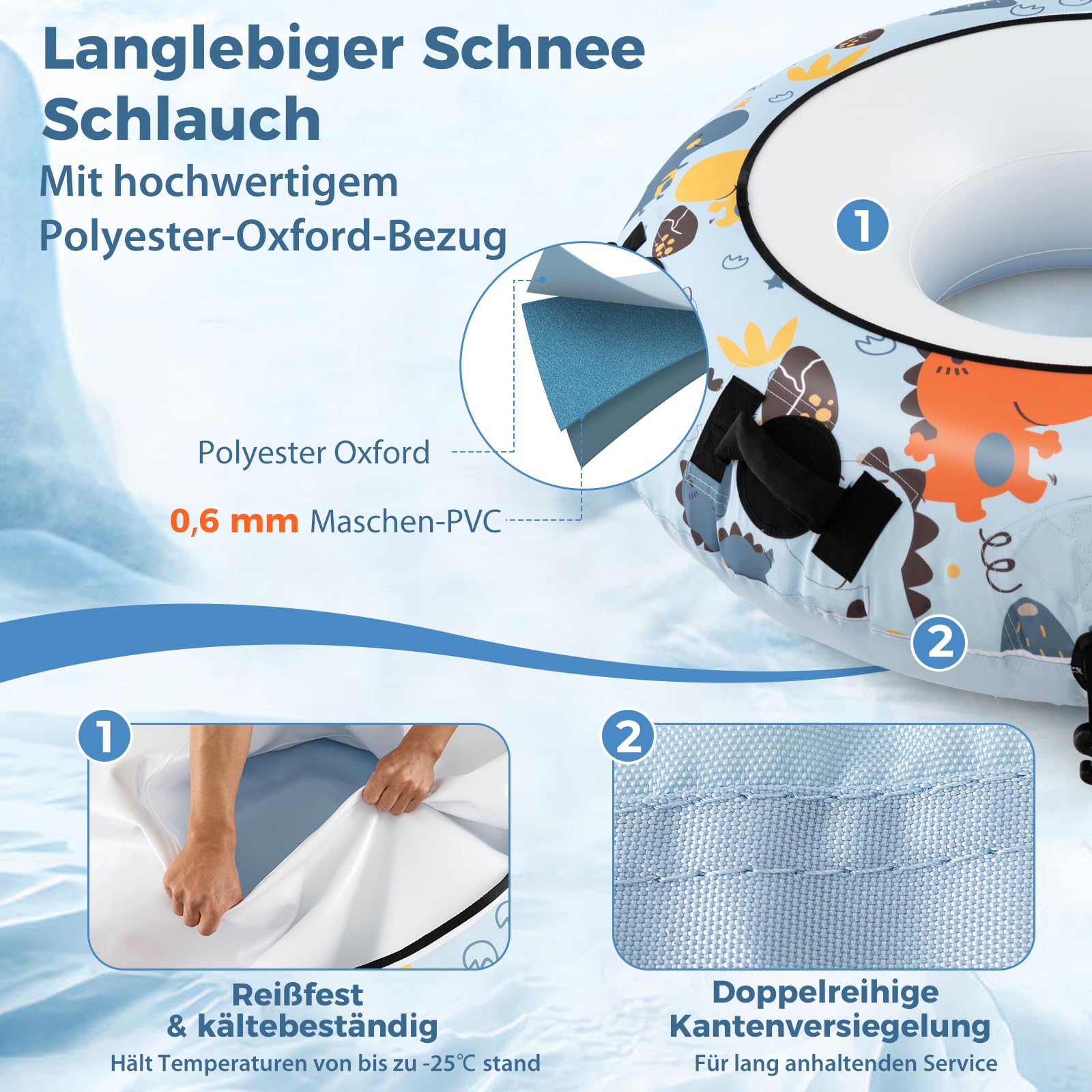 GYMAX Ø113cm Aufblasbarer Schneereifen, Snow Tube bis zu 100 kg belastbar, Schlitten Rodelschlitten mit Griffe, Reifenpumpe & Schleppleine, Donut Rutschreifen für Erwachsene & Kinder