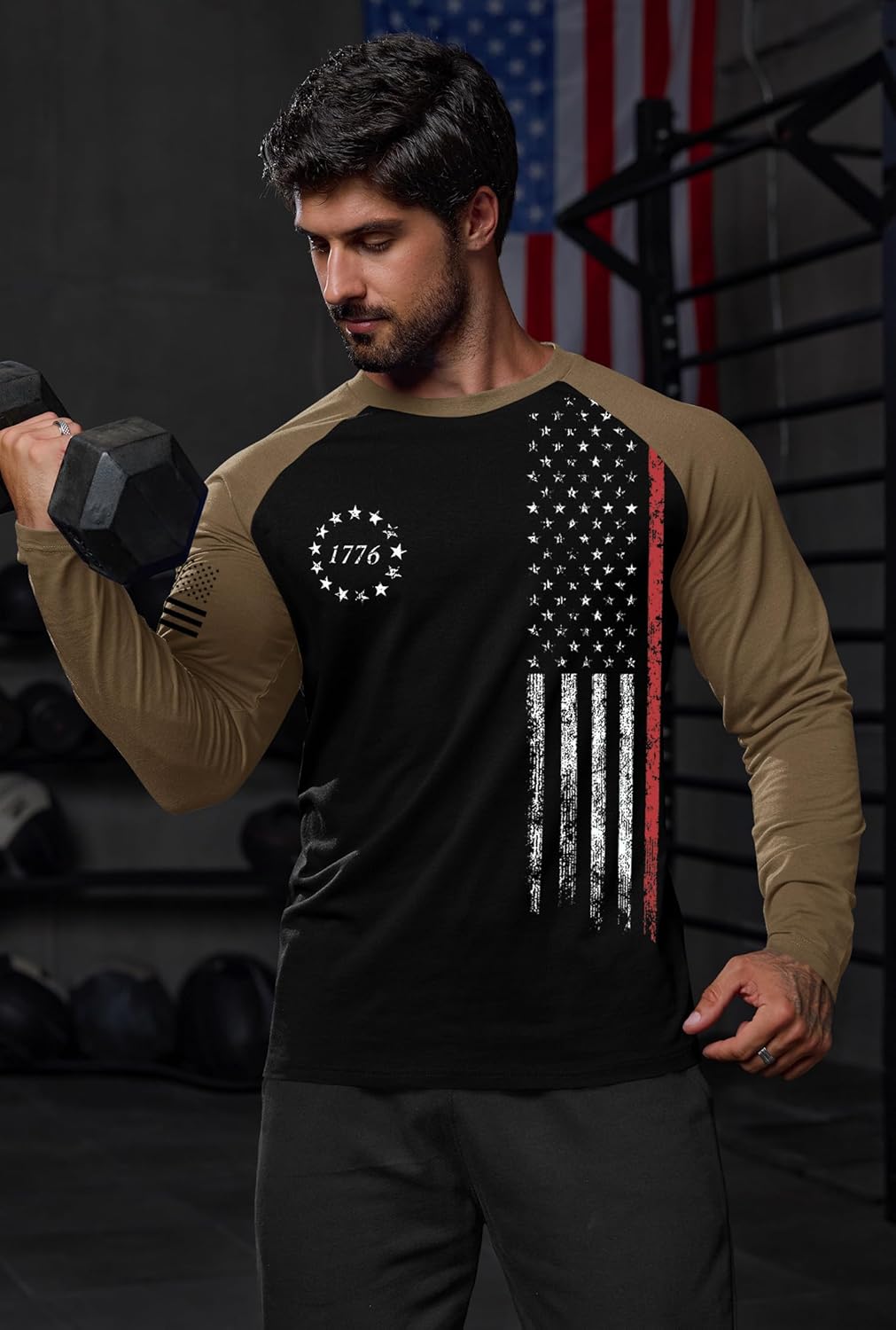 Mainfini Men's American Flag Raglan T-Shirt Patriotic Long Sleeve Muscle Tshirt (S-3XL) - Image 5