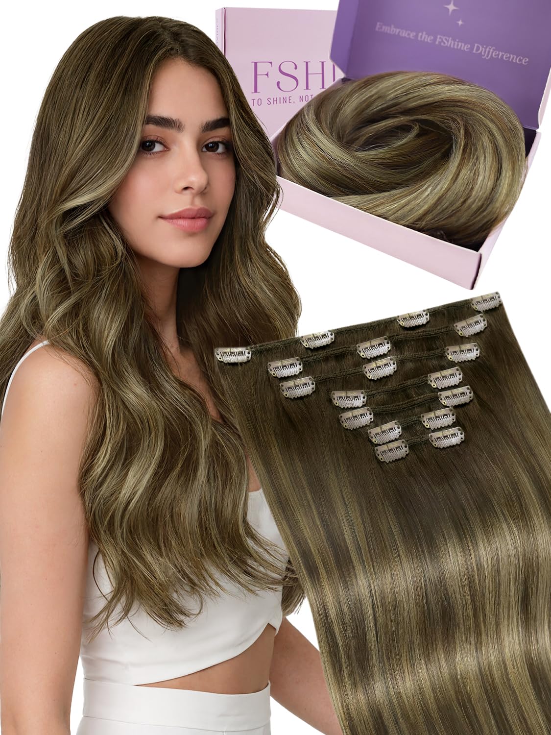 Fshine Capelli Veri Clip Extensions 35cm 14 Pollici Capelli Lisci Extension 7 Pezzi Castano Medio con Biondo e Marrone Medio Balayage 120g Capelli Clip in Double Weft Extension 4/27/4