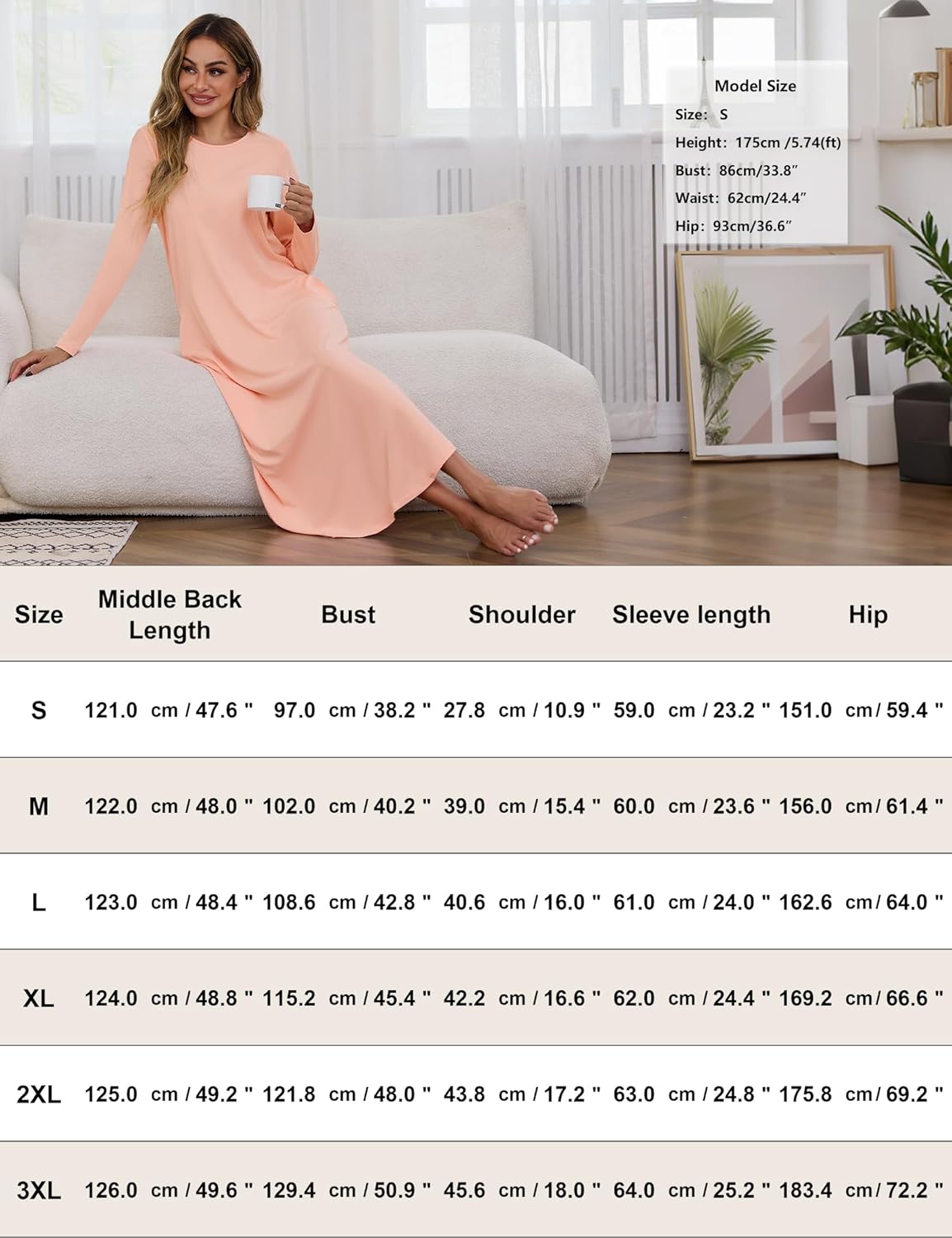 Marvmys Women Long Sleeve Nightgowns Round Neck Long Nightshirts with Pocket Sleepwears S-3XL - Image 6