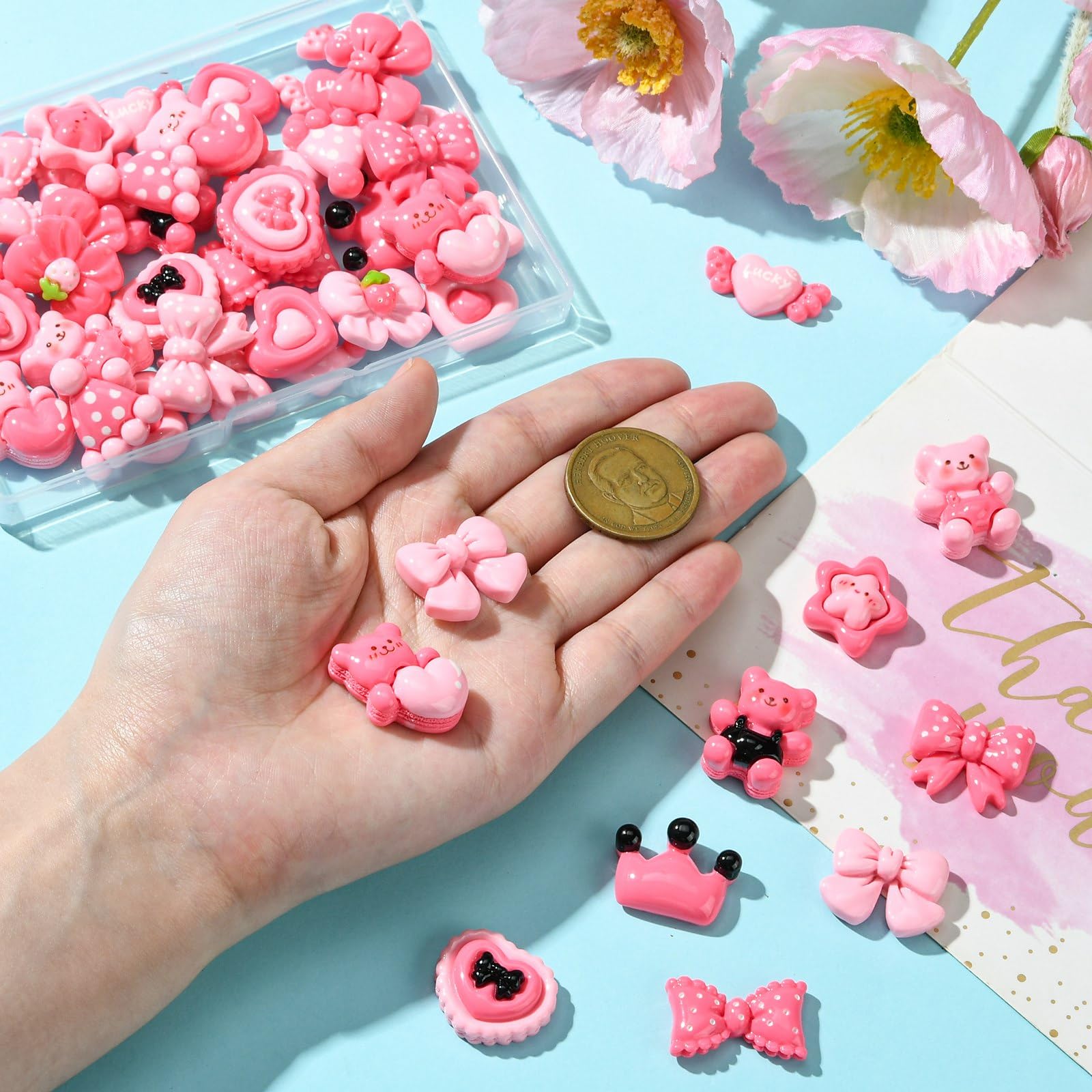 UR URLIFEHALL 48 Pcs 24 Styles Hot Pink Resin Cabochons Heart Star Bowknot Flat Back No Hole Beads Charms for Jewellery Crafts Phone Case Decor - Image 3