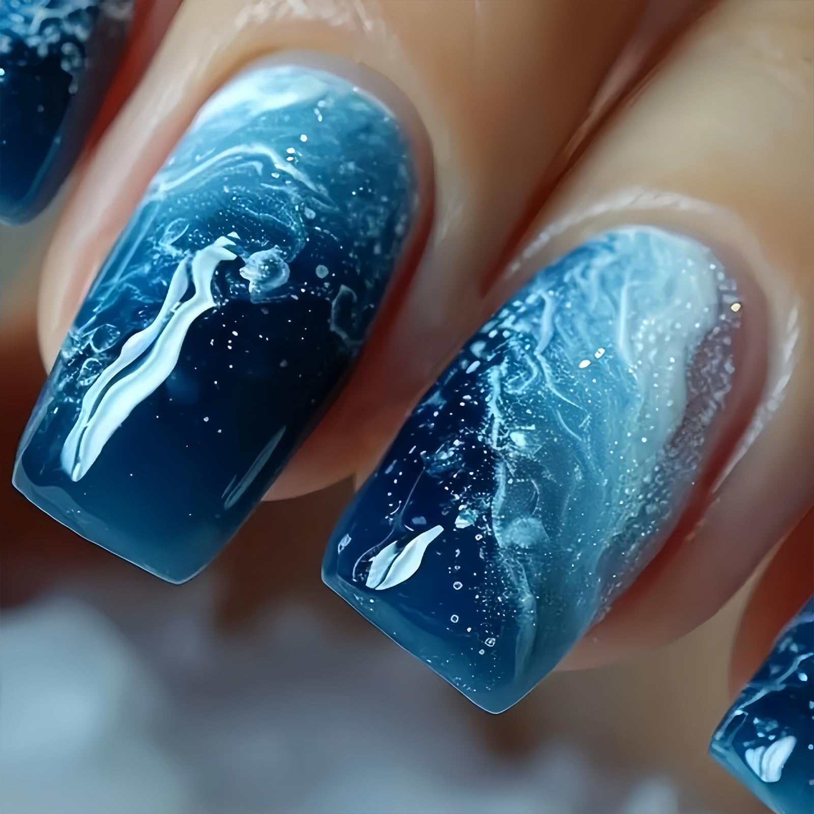 Shimmerz 24 Pieces Square Press On Nails Medium Blue Ombre Glitter Design Thick Shiny Artificial Nails