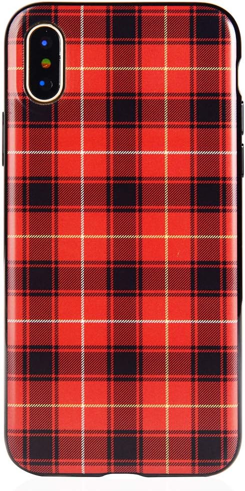 LUCOTEN Compatible iPhone X Case,Retro Plaid Pattern Phone Case Fashion England Grid Back Cover -Red