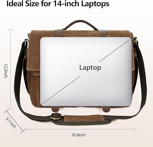 Miniatura 3 de Bolsa de mensajero para hombres, bolsa para laptop de 14 pulgadas, bolsa de mensajero de lona encerada resistente al agua, maletín cartera vintage