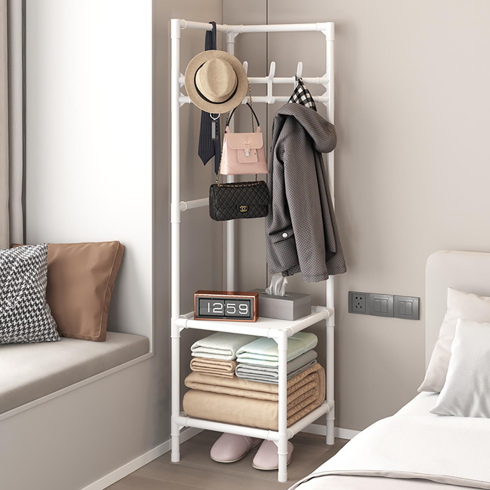 Appendiabiti angolare autoportante con 3 ripiani e ganci per ingresso, corridoio, camera da letto (bianco, 2 strati)
