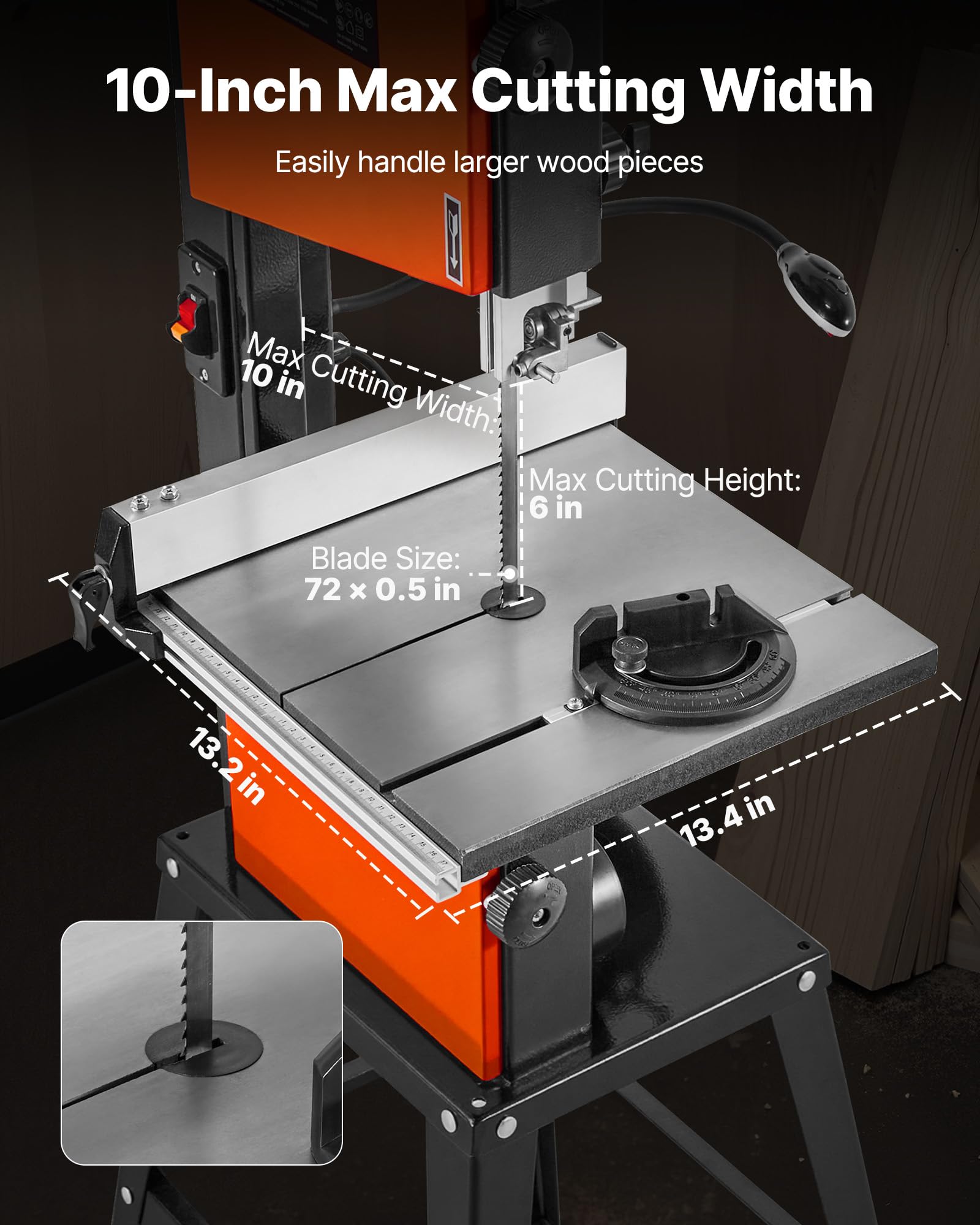 VEVOR Sierra de Cinta, Dos Velocidades, 373 W, Altura Máxima de Corte de 160 mm, Mesa de Hierro Fundido de 335 x 340 mm, con Luz de Trabajo de 360°, Guía de Ingletes y la de Corte Longitudinal