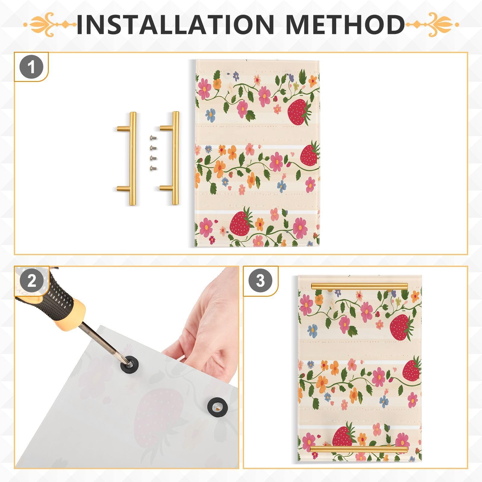GUIJI Strawberry & Flower Vine Acrylic Tray, Perfume Cosmetic Jewelry Decorative Trays Bathtub Organizer, Living Room Kitchen Serving Tray with Gold Handles