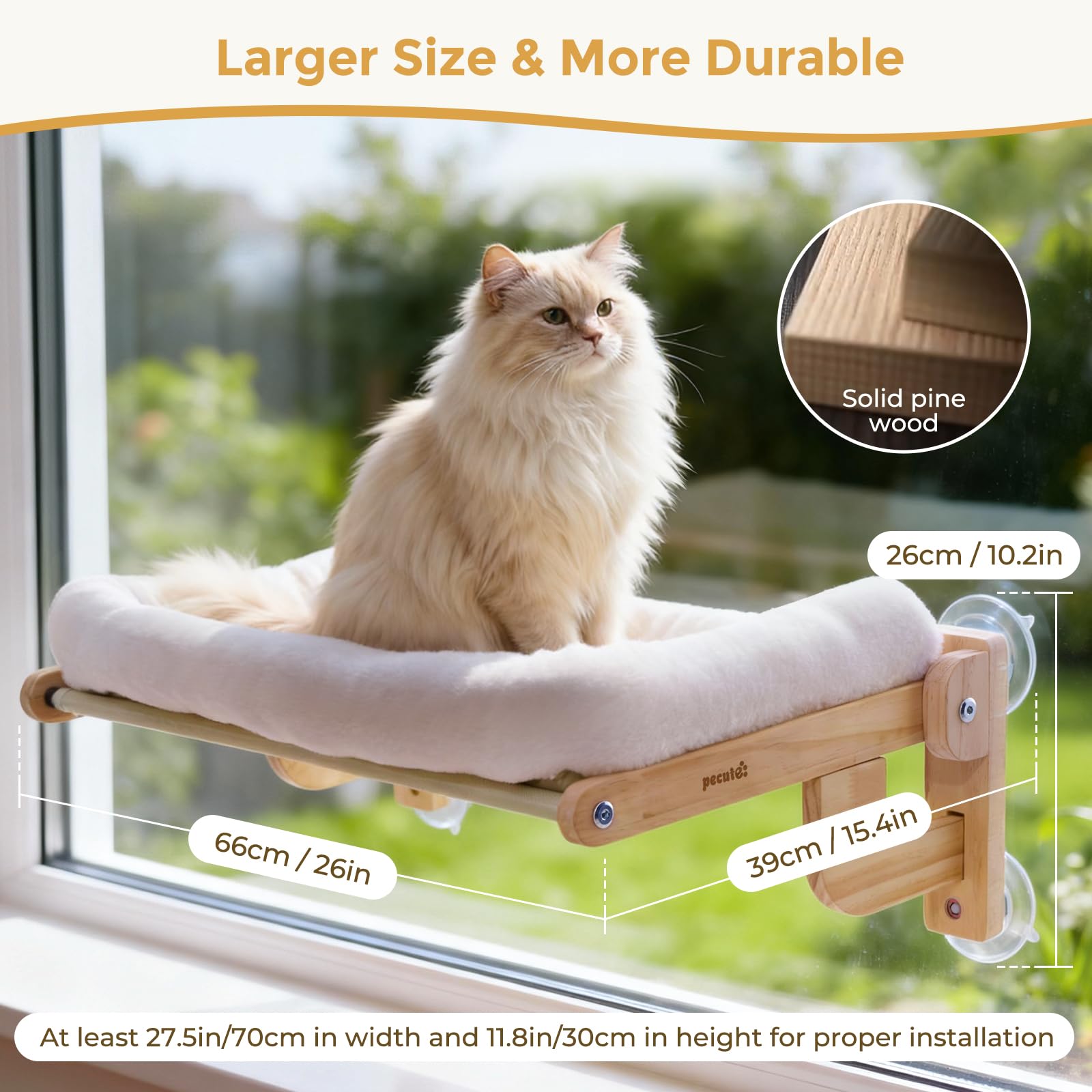 pecute 66x39cm Weiche Katzen Fenster Hängematte, Katzen Fenster Sitzstange Weicher Plüsch Faltbares, Katzenliege Fensterbank, Fensterliege für Hält 18kg (Weiß, Groß)